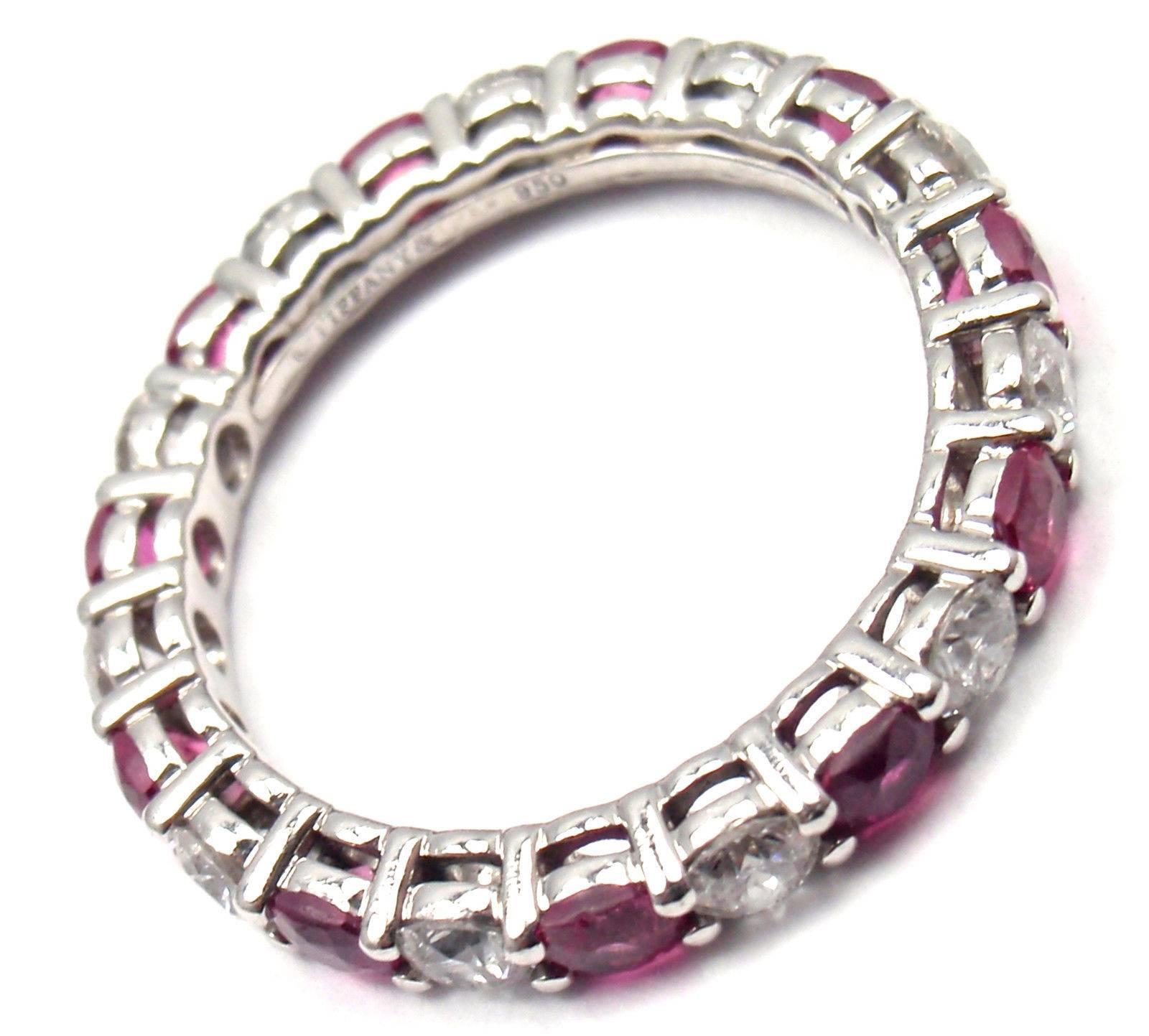 Tiffany & Co. Diamond Ruby Shared Setting Wide Platinum Band Ring In New Condition In Holland, PA