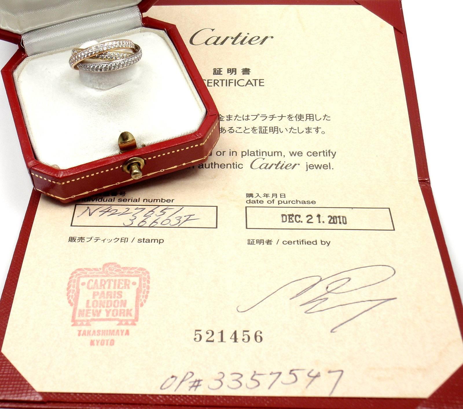 Cartier Pave Diamond Trinity Tricolor Gold Band Ring 5