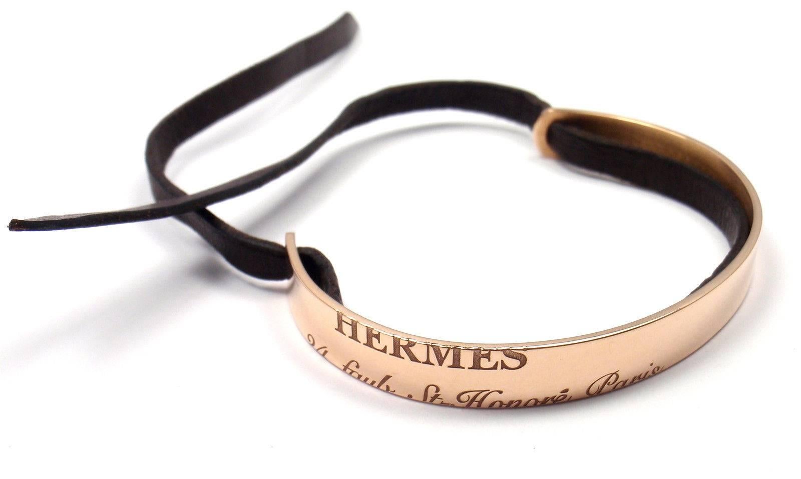 Women's or Men's Hermes Paris Rose Gold and Black Leather Cuff Bracelet