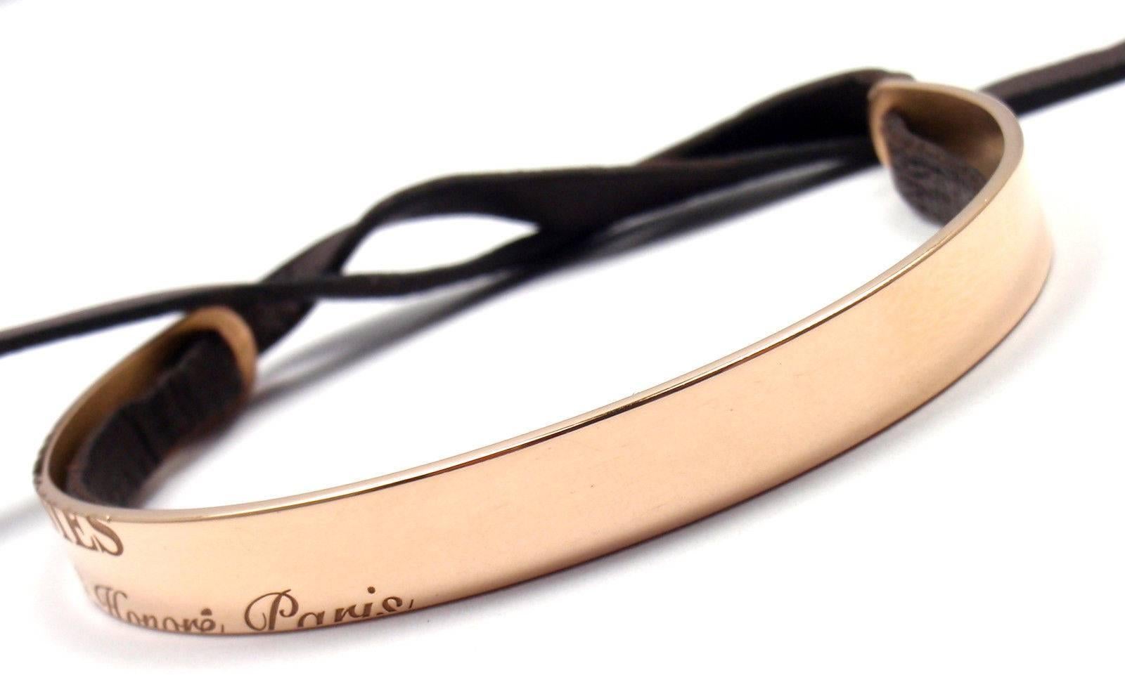 18k Rose Gold And Black Leather Cuff Bangle Bracelet by Hermes Paris.  

Details:  
Length: 6.5