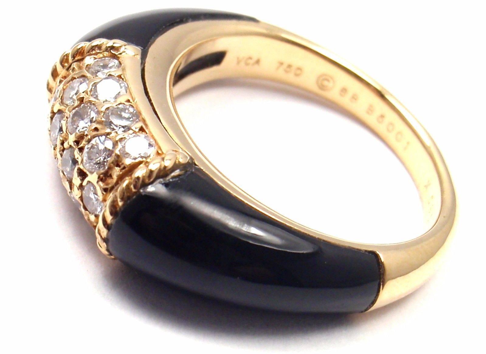 18k Yellow Gold Diamond Black Onyx Ring by Van Cleef & Arpels. 
With 19 round brilliant cut diamond VS1 clarity, G color total weight .50ct
Onyx. And 2 beautiful black onyx stones.

Details: 
Size: 6
Width: 7mm
Weight: 7.2 grams
Stamped