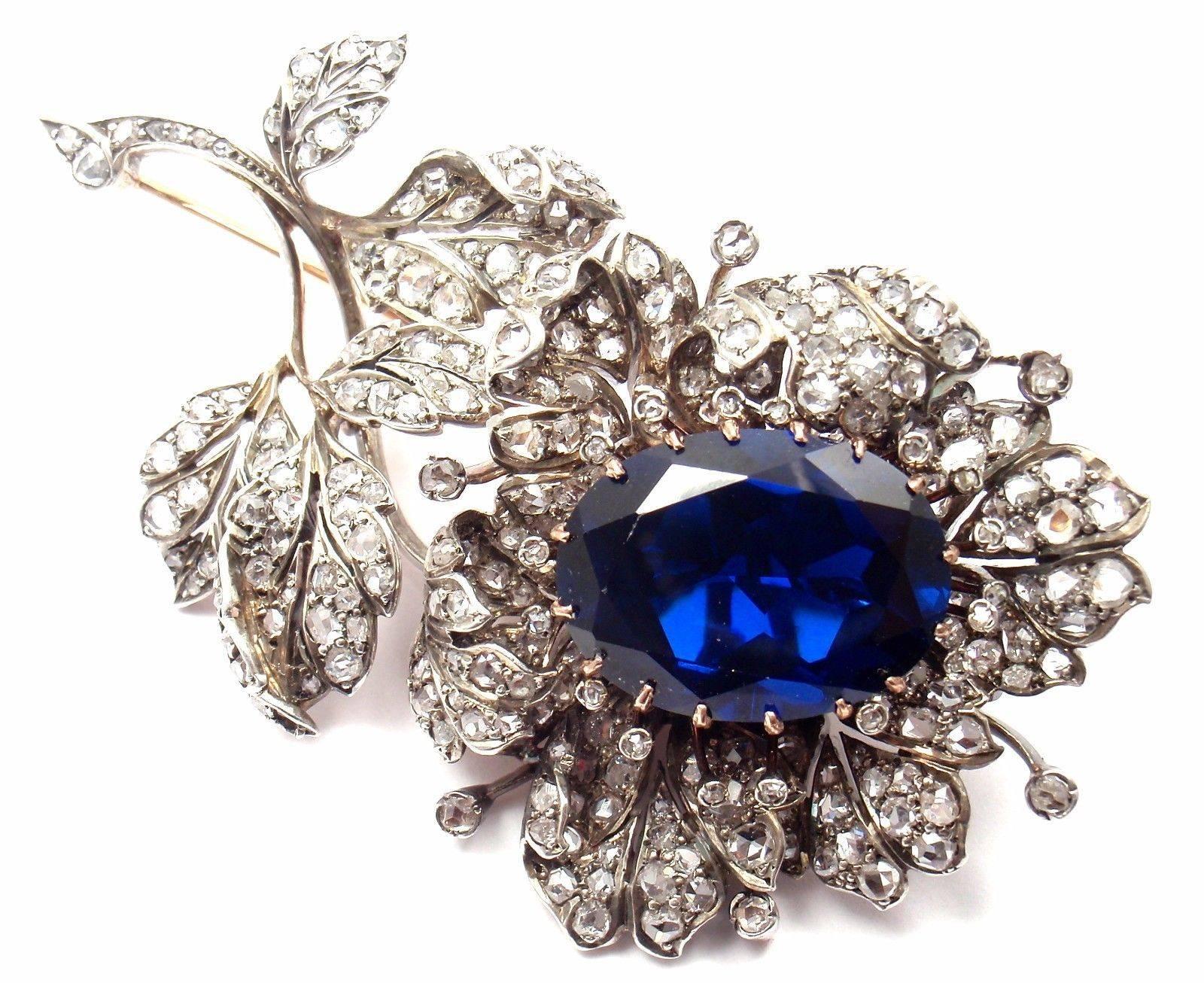 14k Rose Gold And Sterling Silver Antique Victorian Diamond Large Synthetic Sapphire Flower Pin Brooch.  
With 270 rose cut diamonds total weight approx. 7ct
Large synthetic sapphire 15mm x 20mm

Details:  
Measurements: 2 3/4" x 1