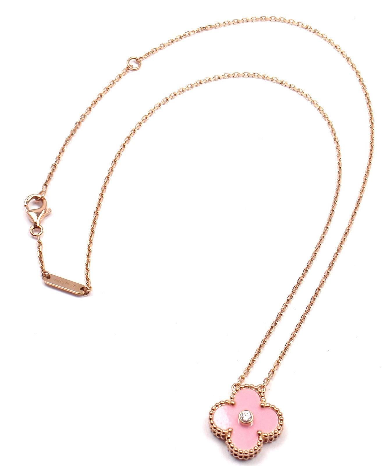 18k Rose Gold Limited Edition Alhambra Diamond And Pink Porcelain Necklace. 
With 1 alhambra shape pink porcelain clover 15mm
1 round brilliant cut diamond VVS1 clarity, E color total weigh approx. .06ct
This necklace is LIMITED EDITION Van Cleef