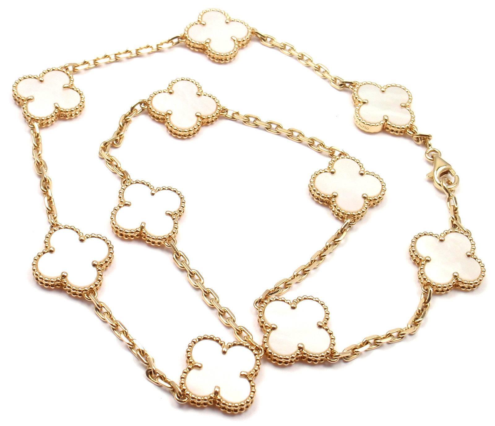 Van Cleef & Arpels Vintage Alhambra Mother-of-Pearl Ten Motif Gold Necklace In New Condition In Holland, PA