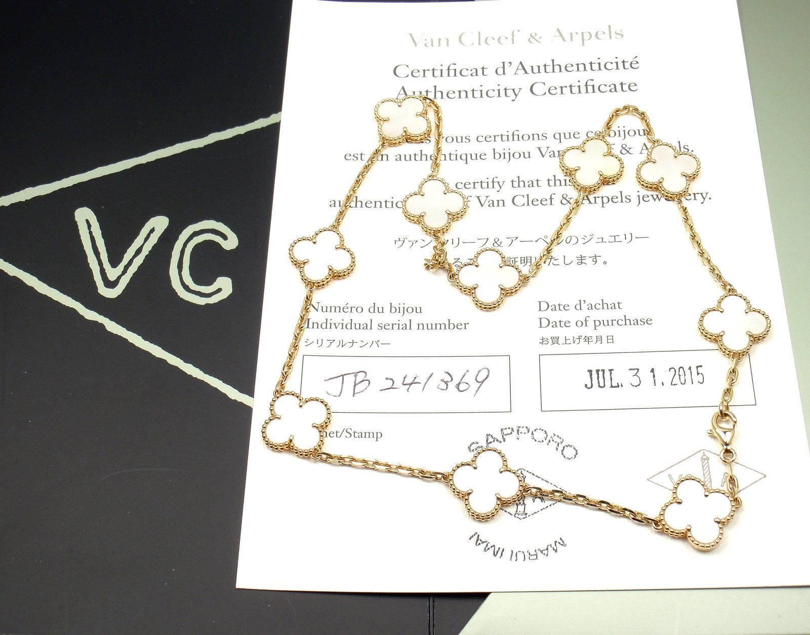 18k Yellow Gold Alhambra 10 Motifs Mother Of Pearl Necklace by Van Cleef & Arpels. 
With 10 motifs of mother of pearl Alhambra stones 15mm each 
This necklace comes with Van Cleef & Arpels certificate. 
Details: 
Length: 16.5