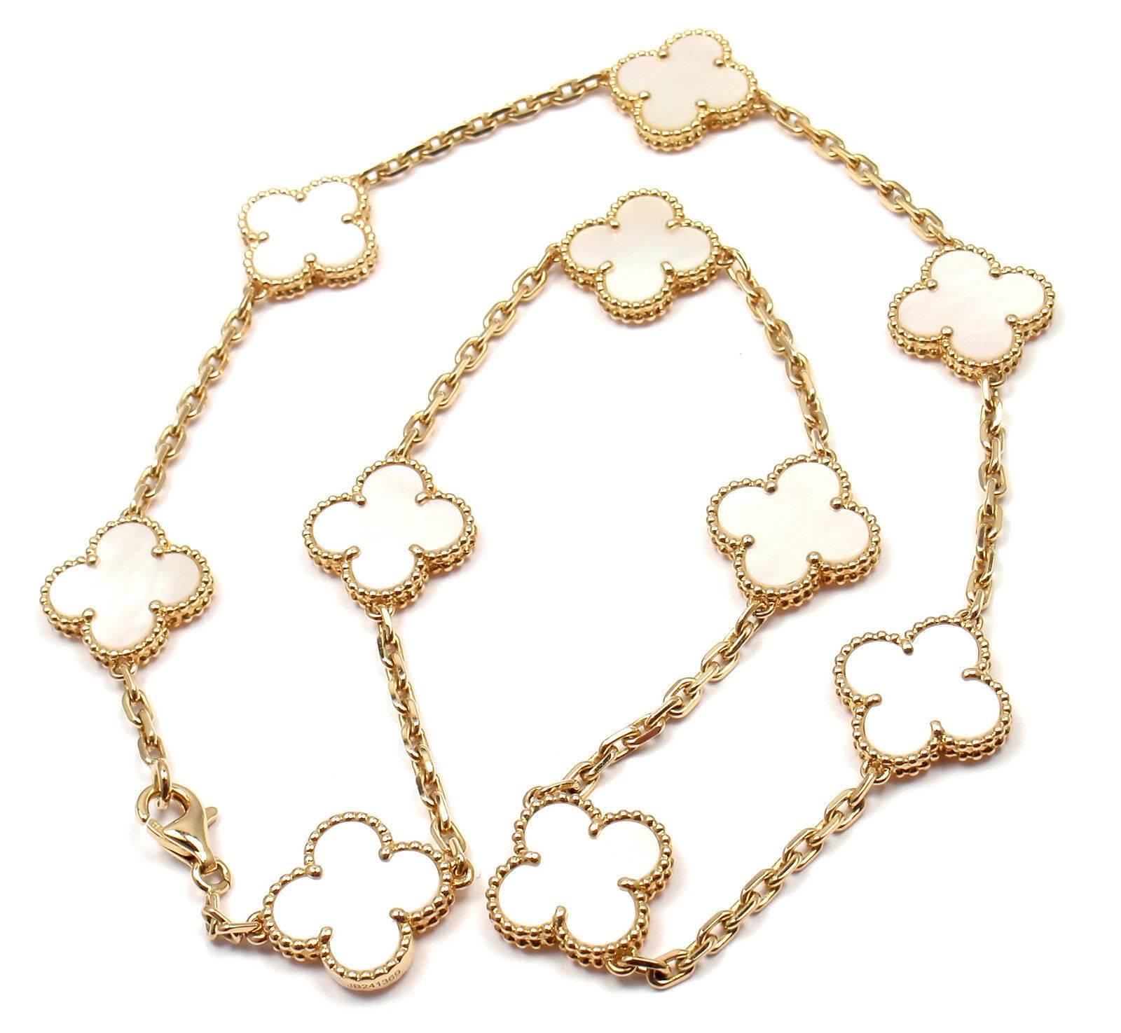 Van Cleef & Arpels Vintage Alhambra Mother-of-Pearl Ten Motif Gold Necklace 4