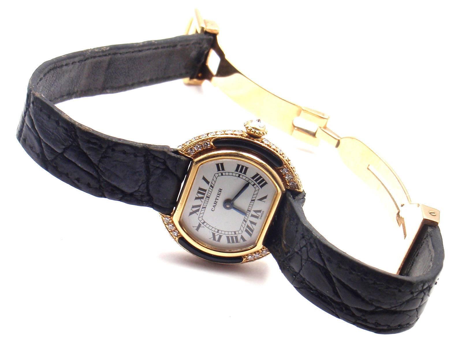 Cartier Ladies Yellow Gold Diamond Ellipse Black Onyx Manual Wind Wristwatch 2