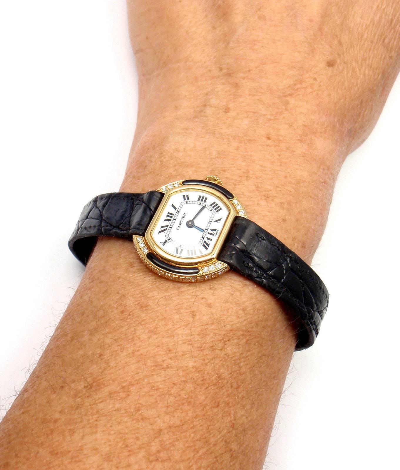 Cartier Ladies Yellow Gold Diamond Ellipse Black Onyx Manual Wind Wristwatch 6