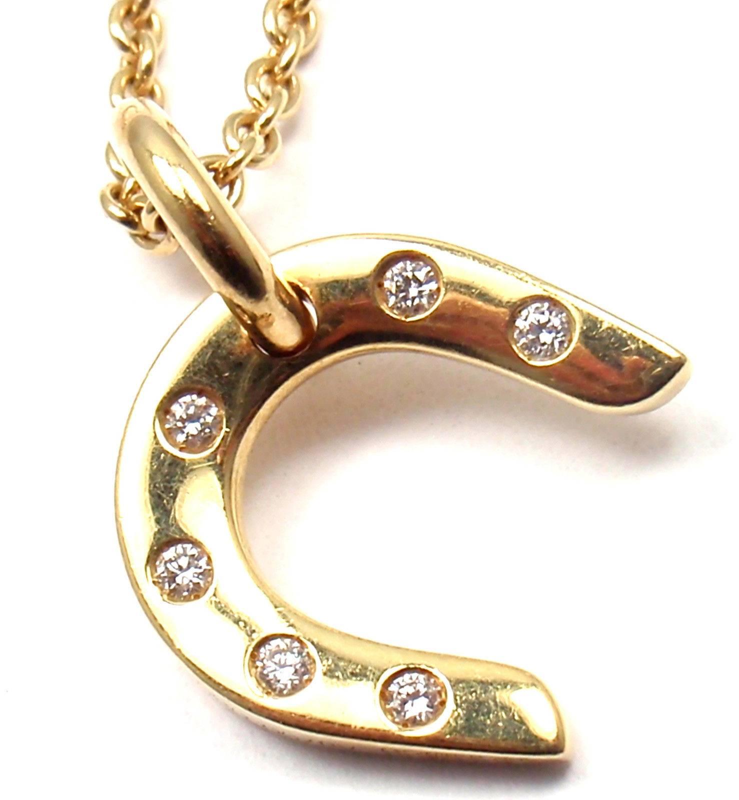 18k Yellow Gold Diamond Horseshoe Pendant Necklace by Hermes. 
With 6 Round Brilliant Cut Diamonds, VS1 Clarity, G Color. 
Total Diamond Weight approx. .12ct. 

Details: 
Length: 19''
Width: 2mm
Weight: 11.1 grams
Pendant Size: 19mm x 14mm
Stamped
