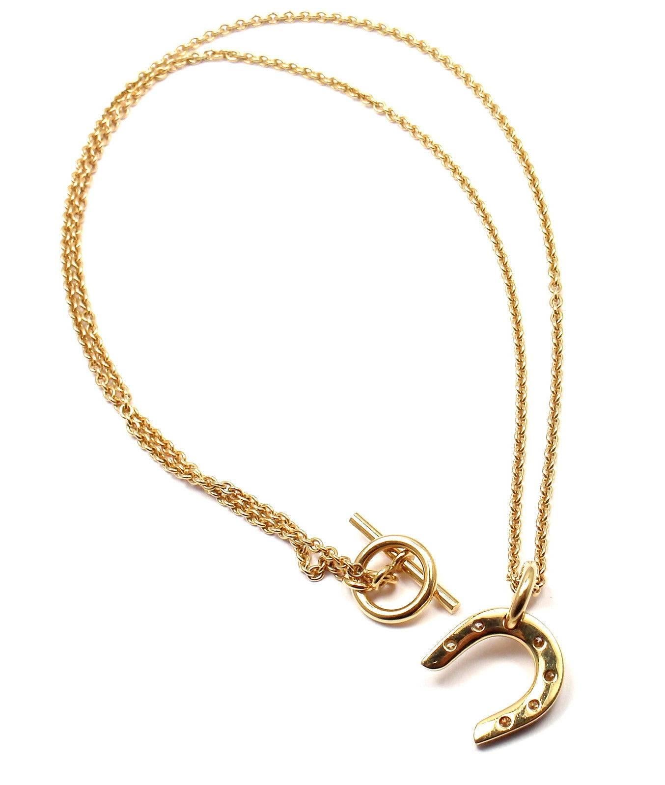 Women's or Men's Hermes Diamond Yellow Gold Horseshoe Pendant Chain Necklace