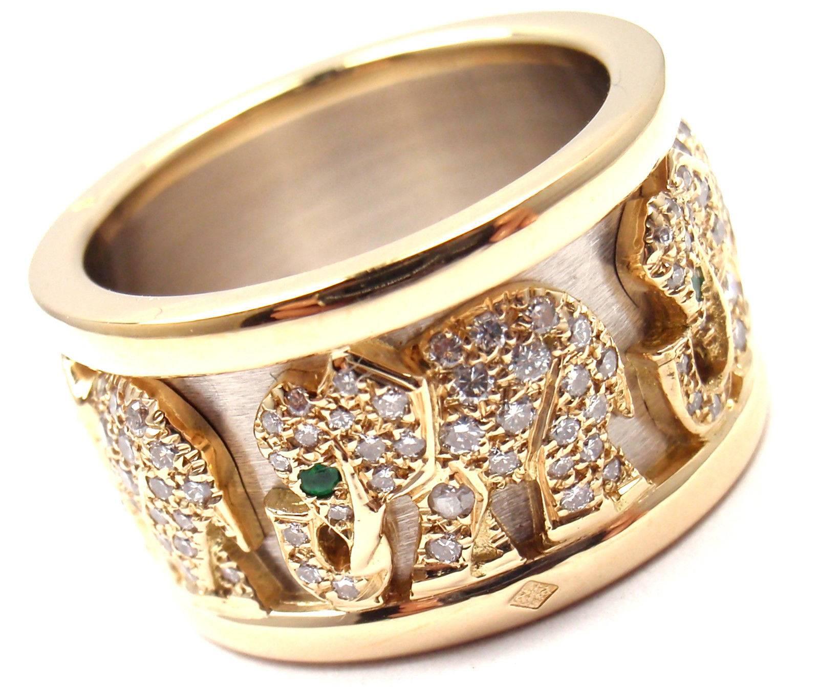 Bague à anneau éléphant en or jaune avec diamants et émeraudes Cartier 1