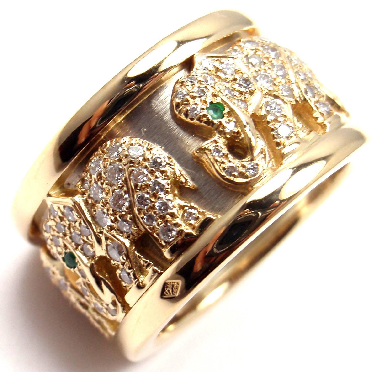 Bague à anneau éléphant en or jaune avec diamants et émeraudes Cartier 5