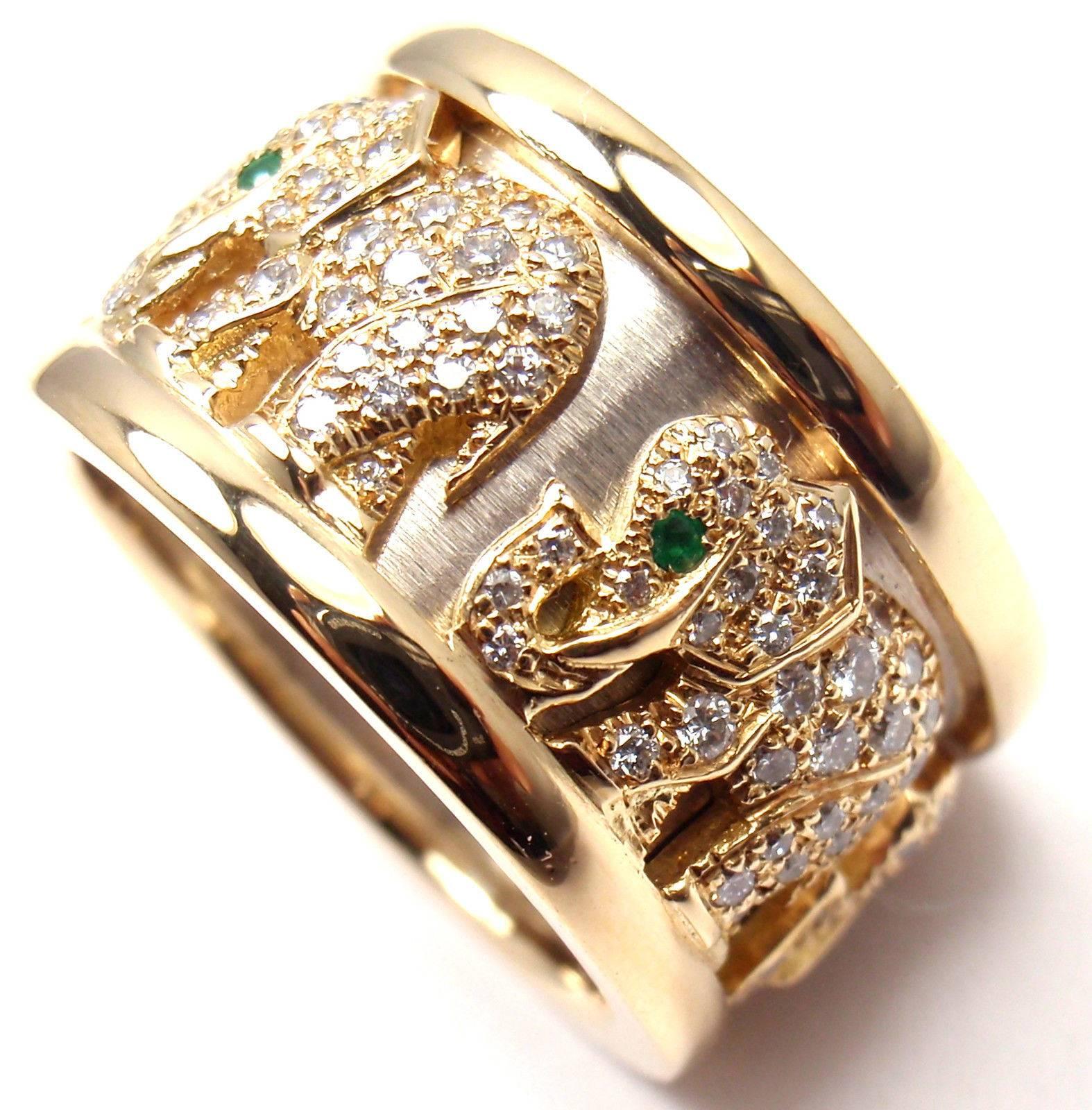 Bague à anneau éléphant en or jaune avec diamants et émeraudes Cartier 6