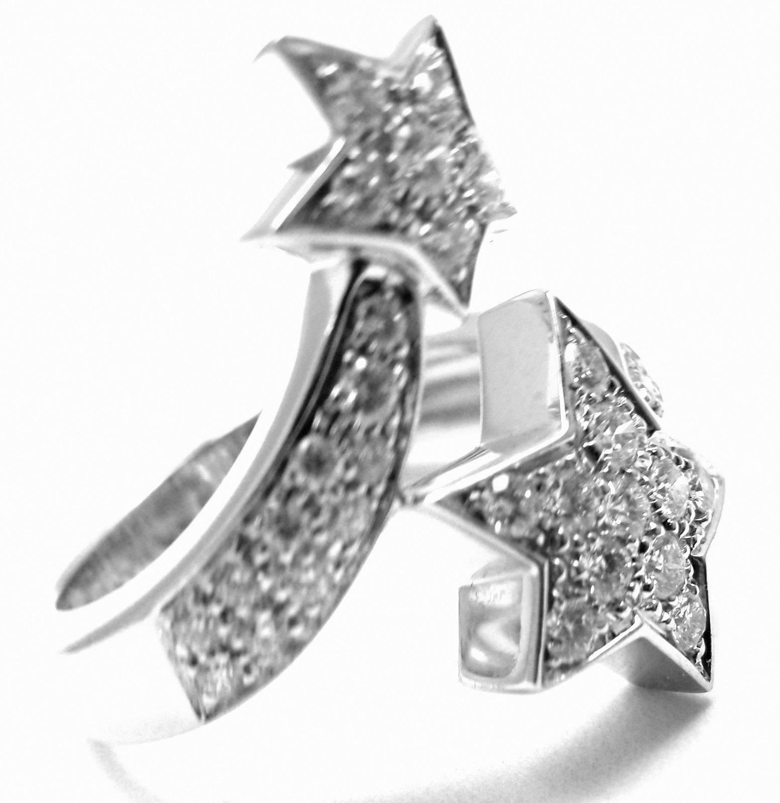 18k White Gold Comete Diamond Double Star Ring by Chanel.  
With 30 Round Brilliant Cut Diamonds, VVS1 Clarity E color. Total diamond weight: 1ct.  
Details:  
Ring Size: European 50, US 5 1/4
Weight: 7.1 grams
Width: 24mm
Stamped Hallmarks: Chanel