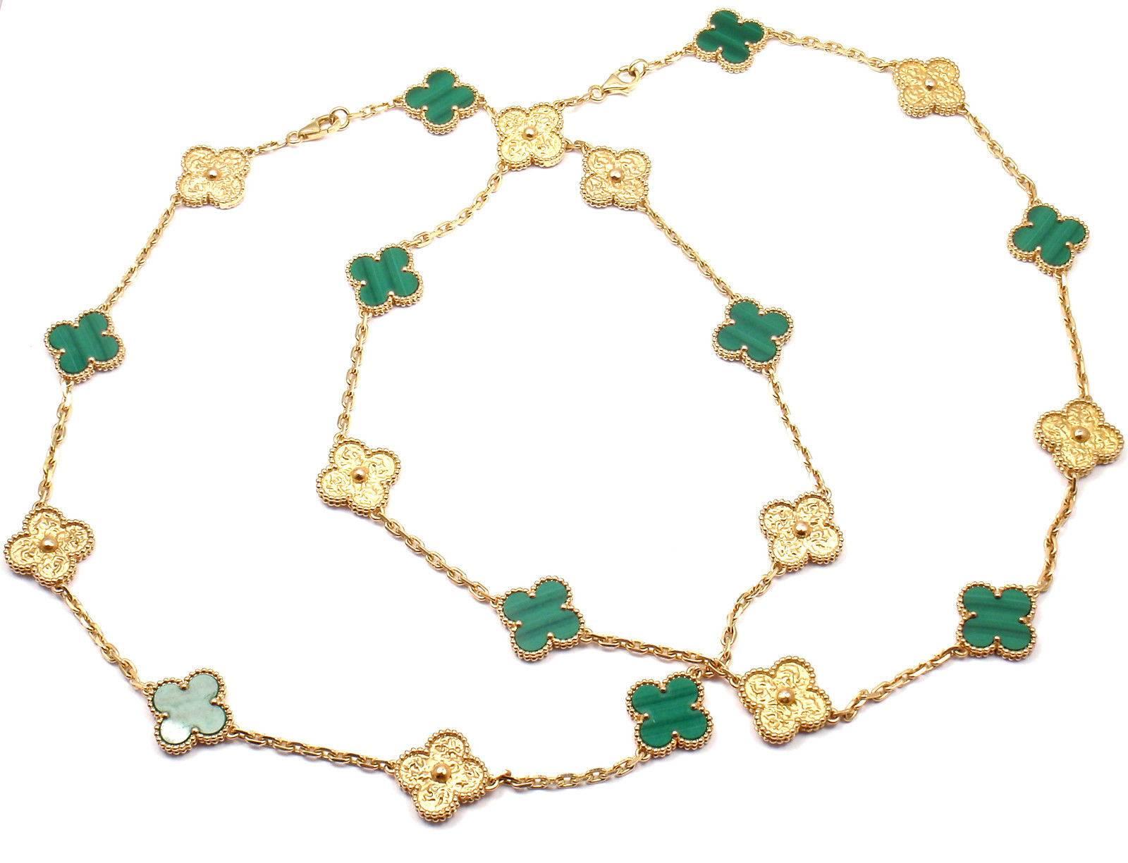 Women's or Men's Van Cleef & Arpels Vintage Alhambra Set of Two Malachite Yellow Gold Necklaces