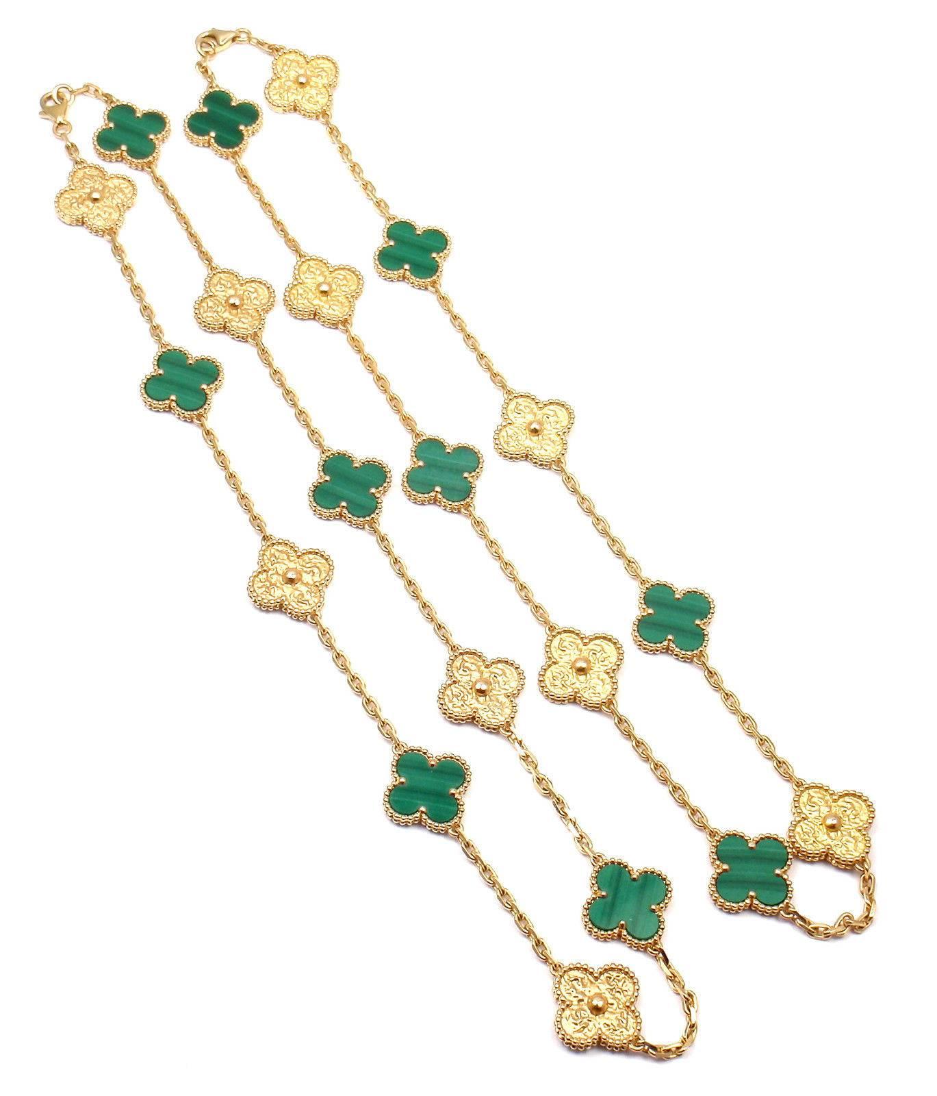 18k Yellow Gold Set Of 2 Vintage Alhambra Ten-Motif Each Malachite Special Necklaces by Van Cleef & Arpels. 
With 5 motifs of Malachite Stone And 5 Motifs of Yellow Gold Alhambras, 15mm each, 2 necklaces x 10 motifs each.
These two necklaces come