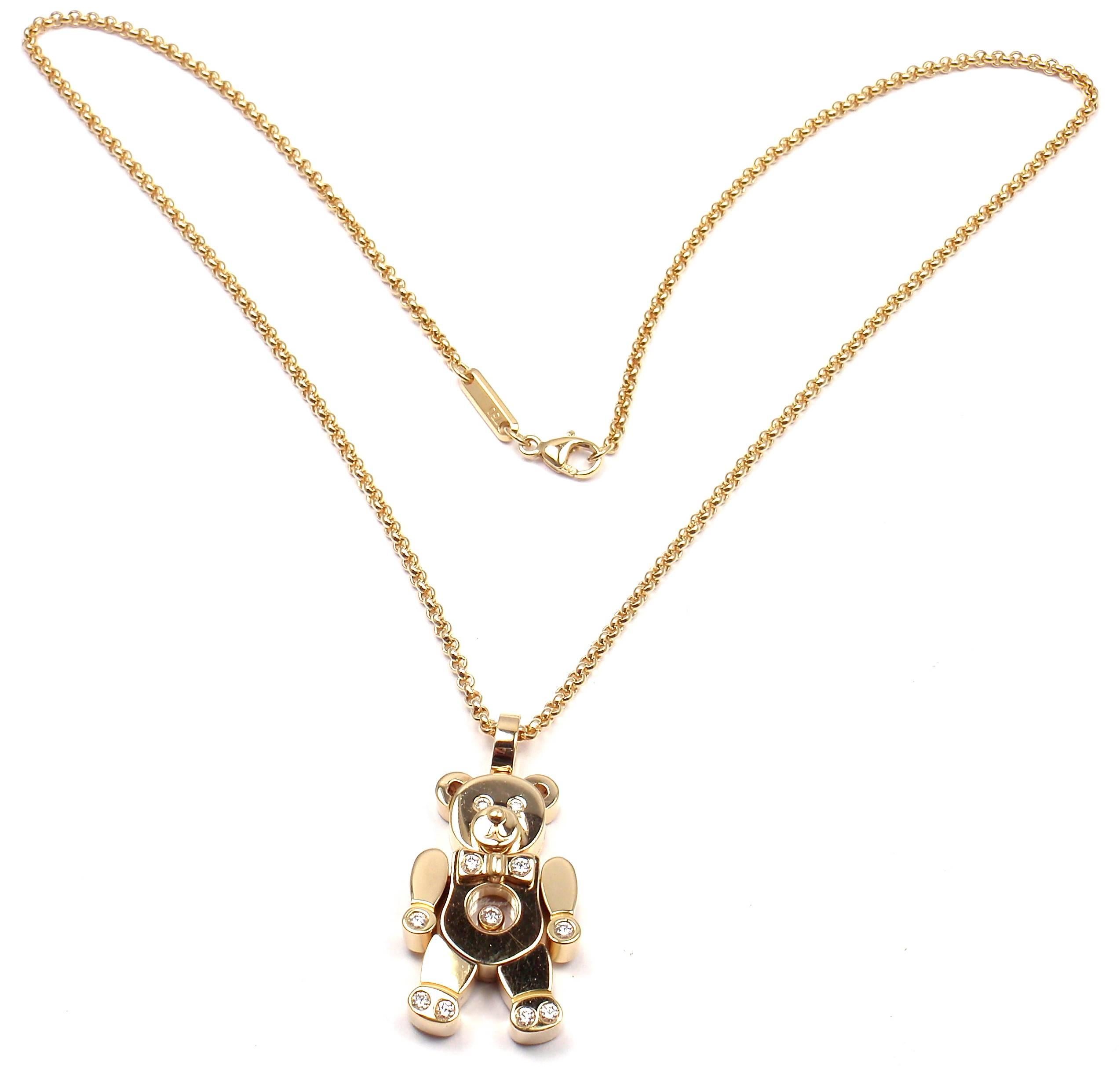 18k Yellow Gold Happy Diamond Teddy Bear Pendant Necklace  by Chopard.  With 11 round brilliant cut diamonds VVS1 clarity, E color total weight approx. .25ct
Details: 
Chain Length: 16.5