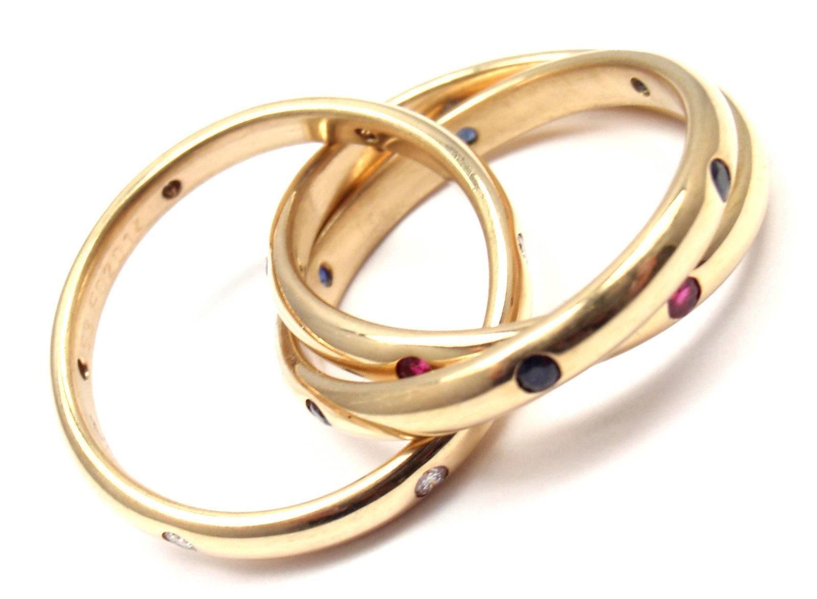 Cartier Trinity Ruby Sapphire Diamond Yellow Gold Band Ring 1