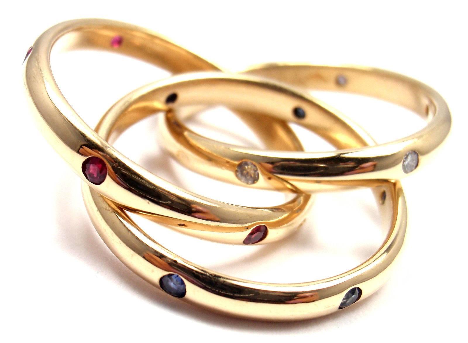 Cartier Trinity Ruby Sapphire Diamond Yellow Gold Band Ring 2