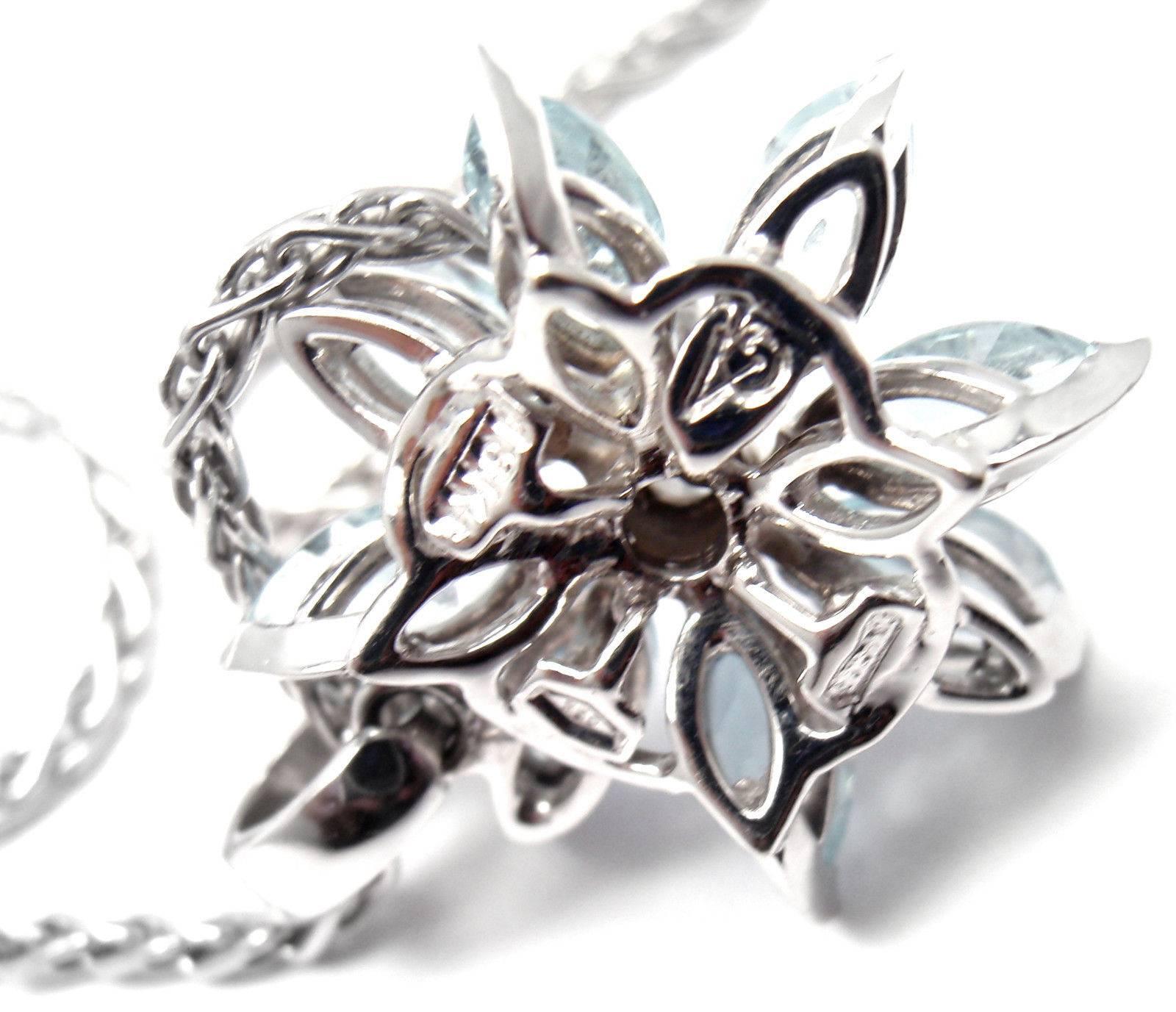 Women's or Men's Asprey Aquamarine Diamond White Gold Petal Flower Pendant Necklace