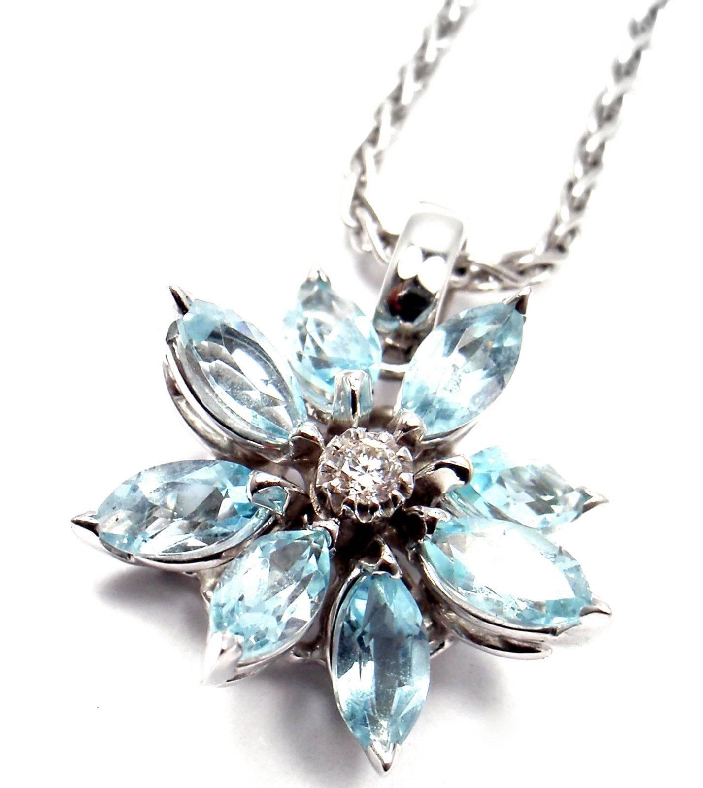 Asprey Aquamarine Diamond White Gold Petal Flower Pendant Necklace 2