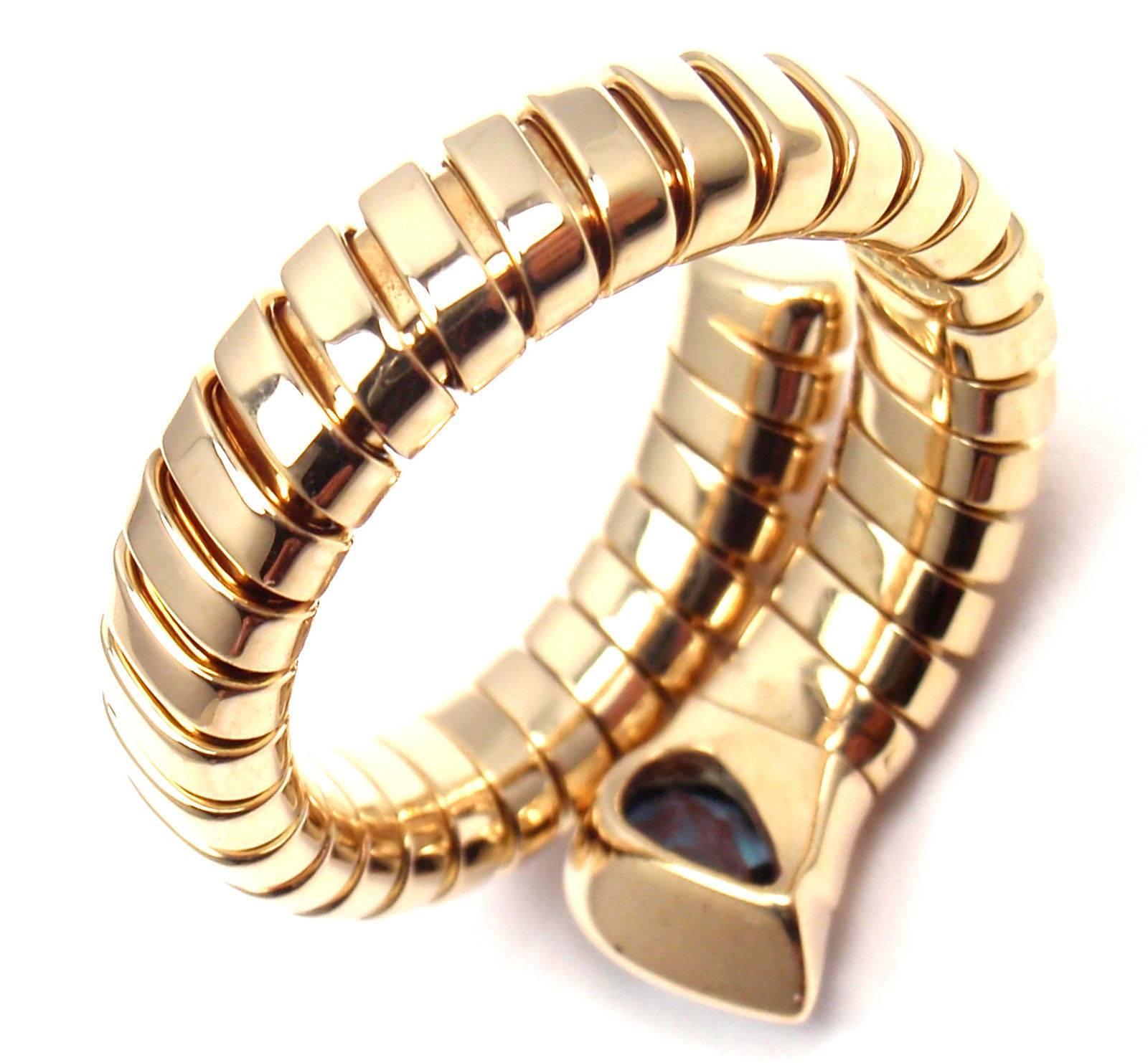 Bulgari Tubogas Blue Topaz Yellow Gold Snake Band Ring In New Condition In Holland, PA