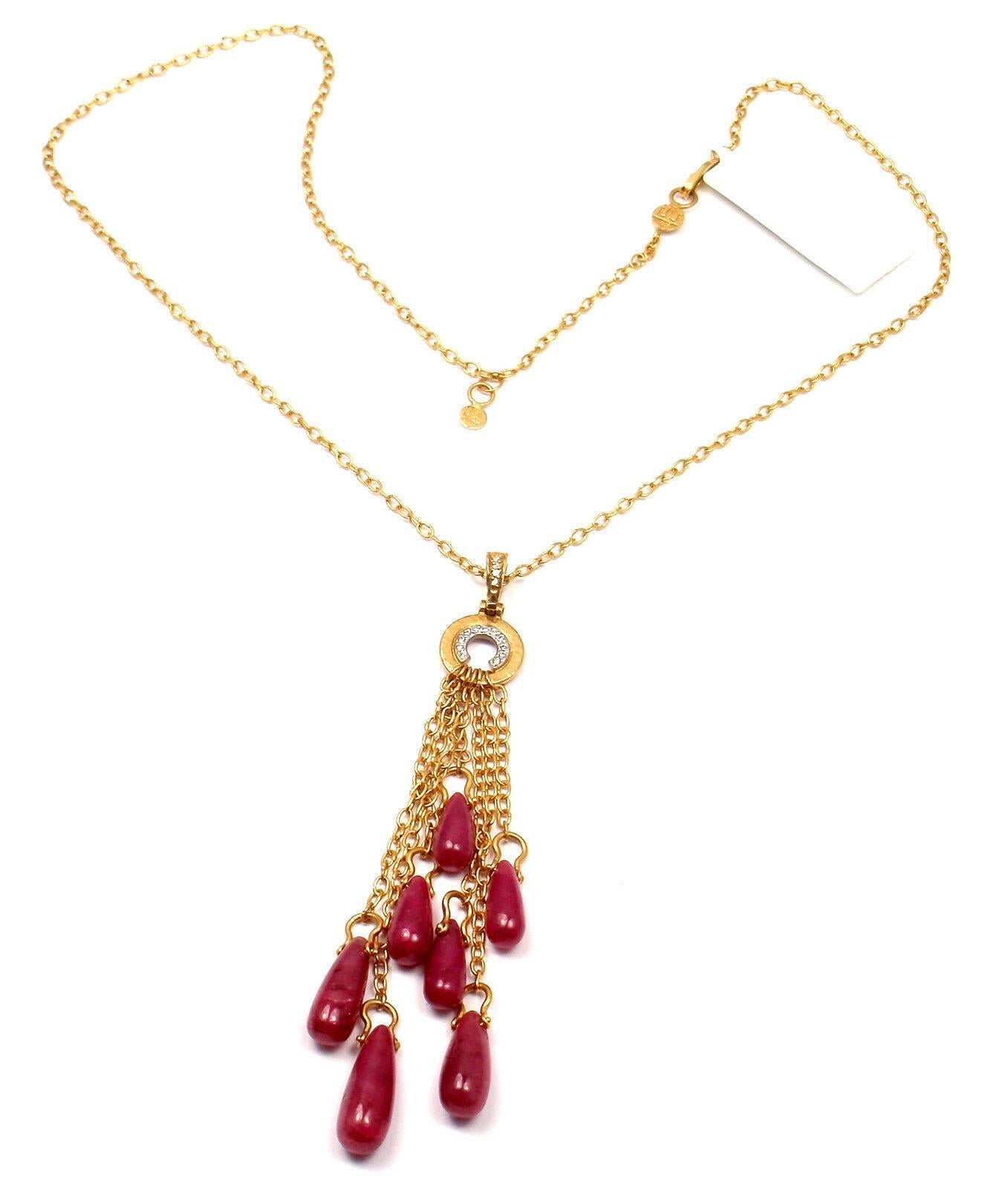 This striking 24k Yellow Gold One of a Kind necklace comes from the legendary GURHAN. 
With 15 round small diamonds
5 rubies
This necklace comes with Gurhan pouch and a tag.
Retail Price: $9,250

Measurements: 
Length: 18
