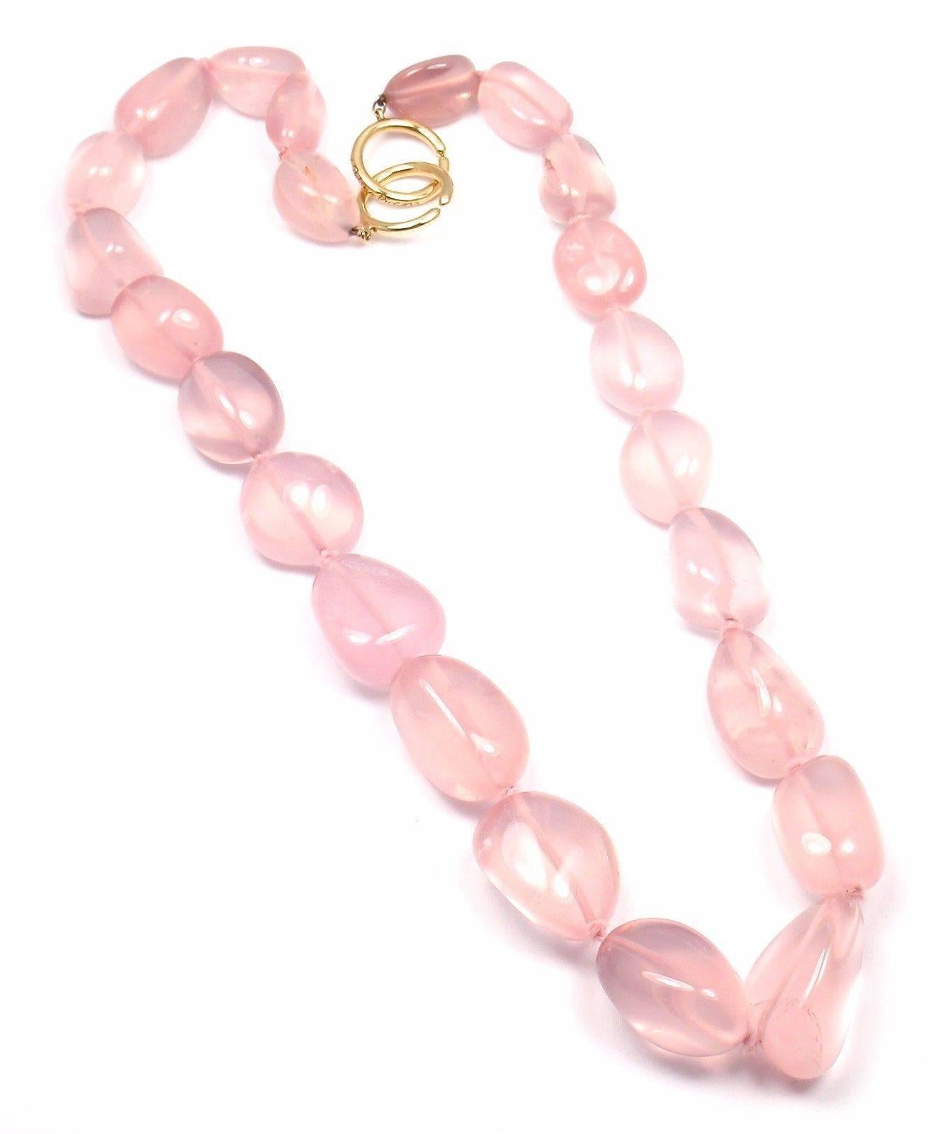 18k Yellow Gold Large Rose Quartz Bead Necklace by Paloma Picasso for Tiffany & Co. 
With 23 rose quartz beads from 18mm to 13mm in width

Details: 
Necklace Length: 24"
Total Weight: 196.0 grams
Stamped Hallmarks: Tiffany & Co 750