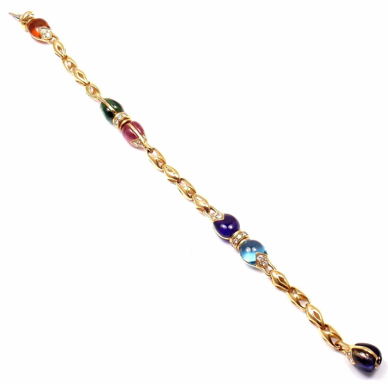 Women's or Men's Bulgari Diamond Color Stone Yellow Gold Link Bracelet