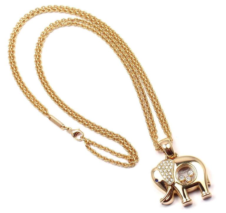 Chopard Diamond Sapphire Happy Elephant Yellow Gold Pendant Necklace at