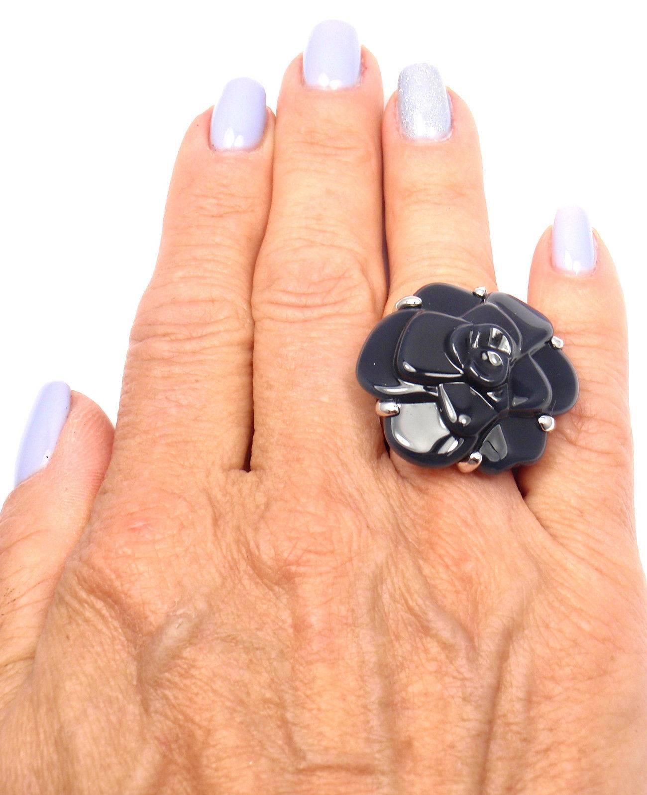 Chanel Camelia Large Black Agate White Gold Flower Ring 6