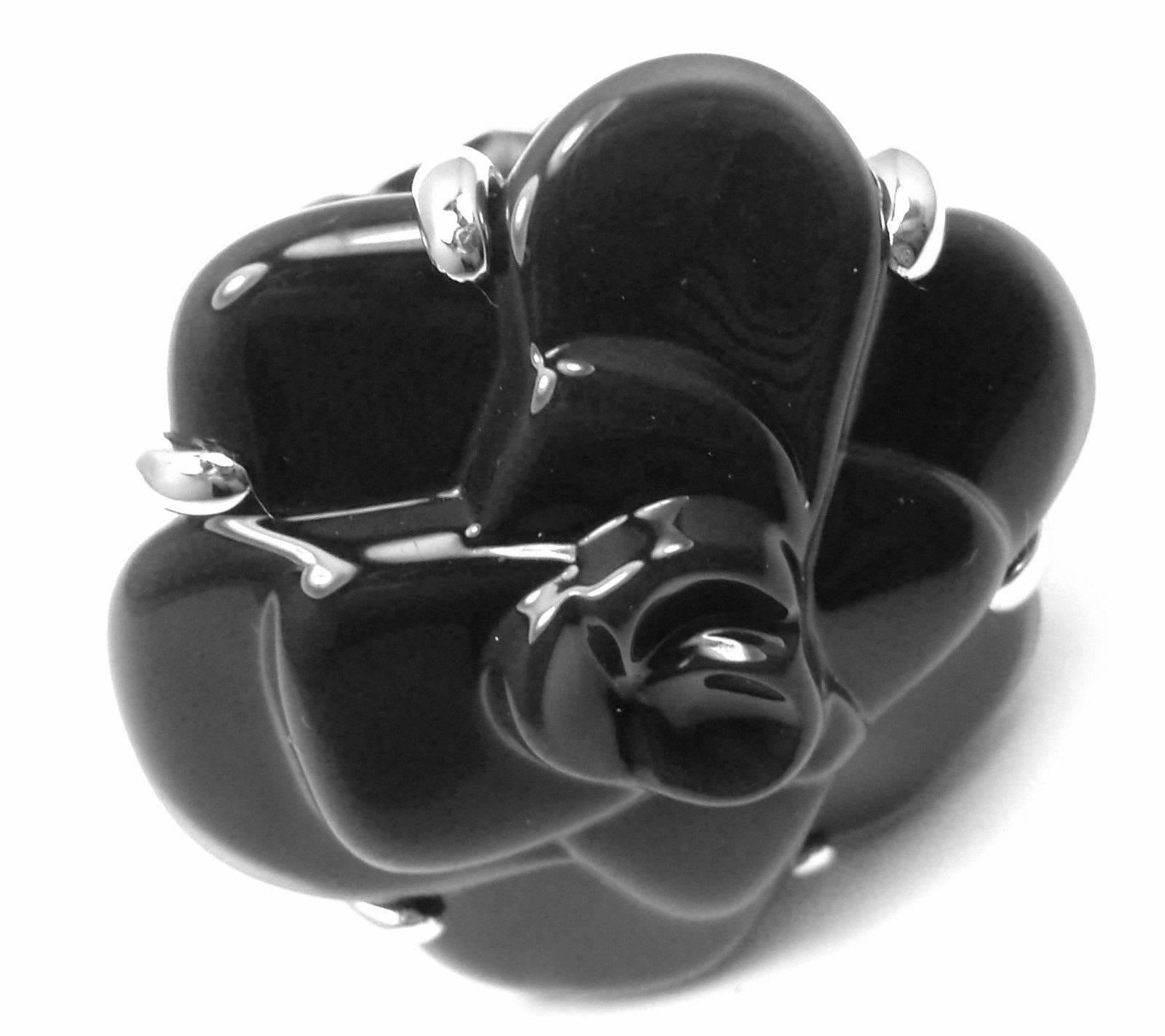 Chanel Camelia Large Black Agate White Gold Flower Ring 2