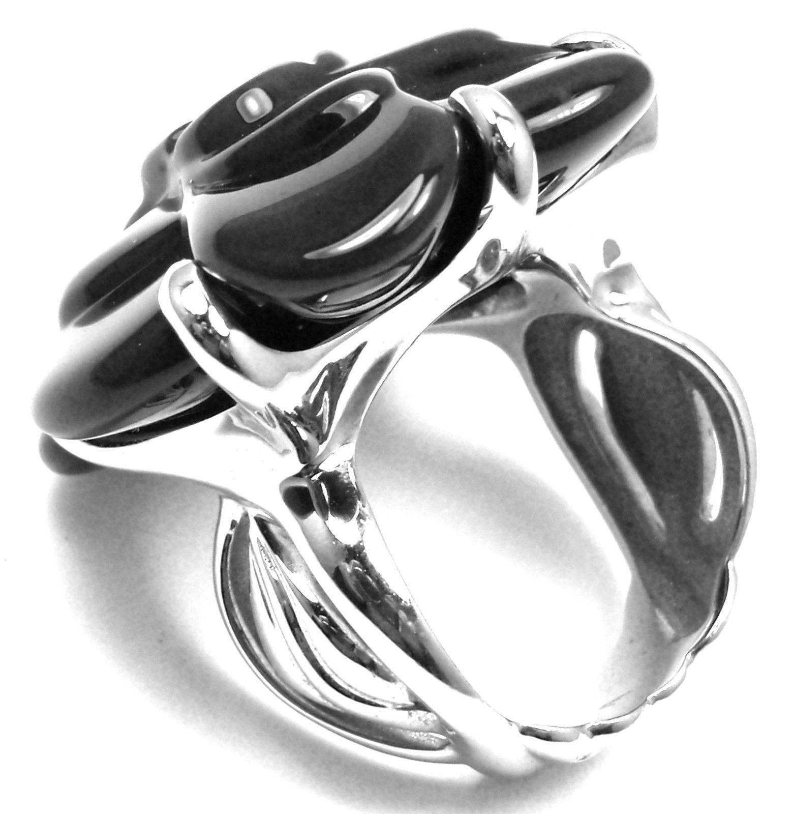 Chanel Camelia Large Black Agate White Gold Flower Ring 4