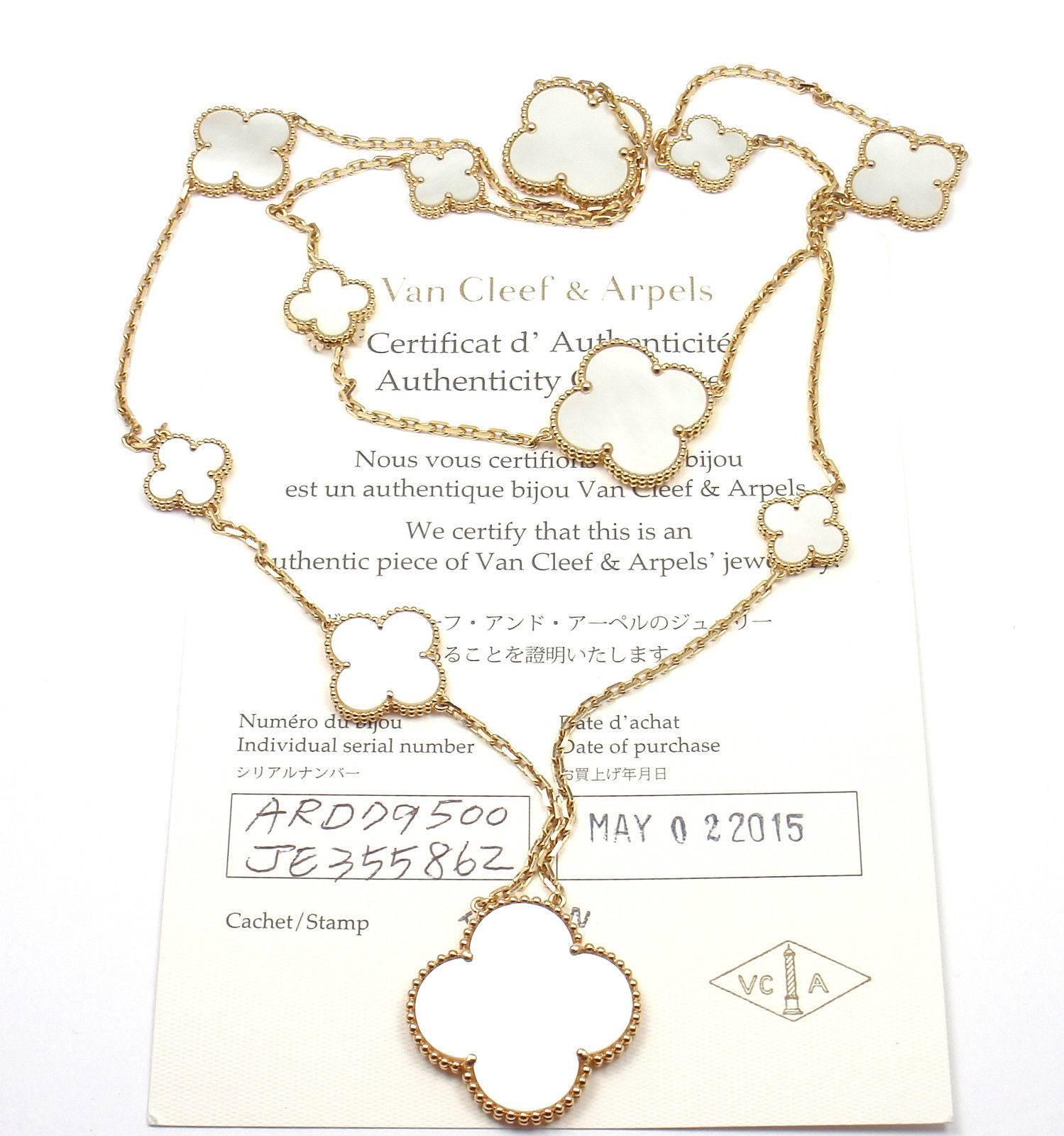 18k Yellow Gold Magic Alhambra Mother of Pearl 11 Motifs Necklace by Van Cleef Arpels. 
With 1 - 33mm white mother of pearl alhambras
2 - 26mm white mother of pearl alhambras
3 - 21mm white mother of pearl alhambras
5 - 15mm white mother of pearl