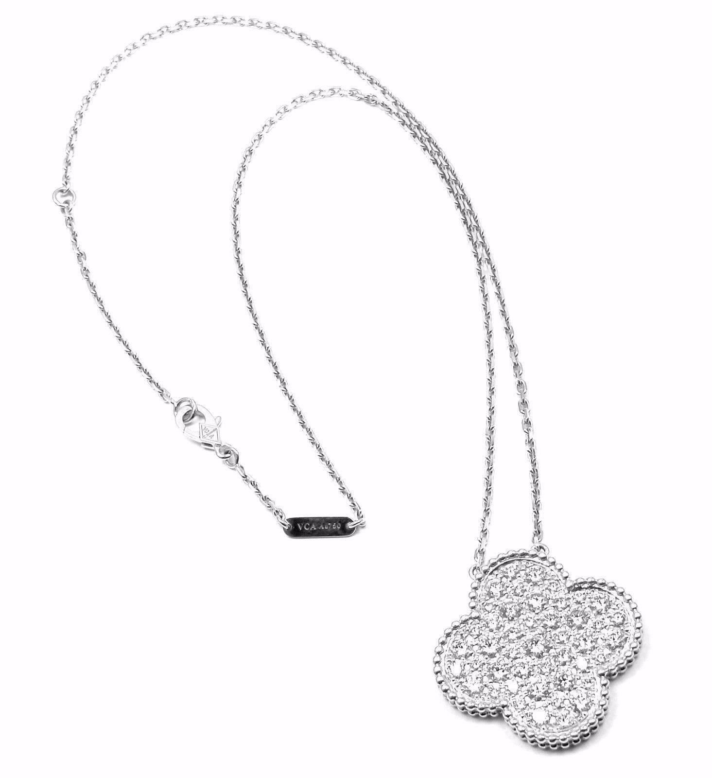 18k White Gold Diamond Magic Alhambra Pendant Necklace 
With 45 round brilliant cut diamonds VVS1 clarity, E color 
total weight approx. 2.44ct
This necklace comes with Van Cleef & Arpels box. 

Details: 
Measurements: Length 16.5''