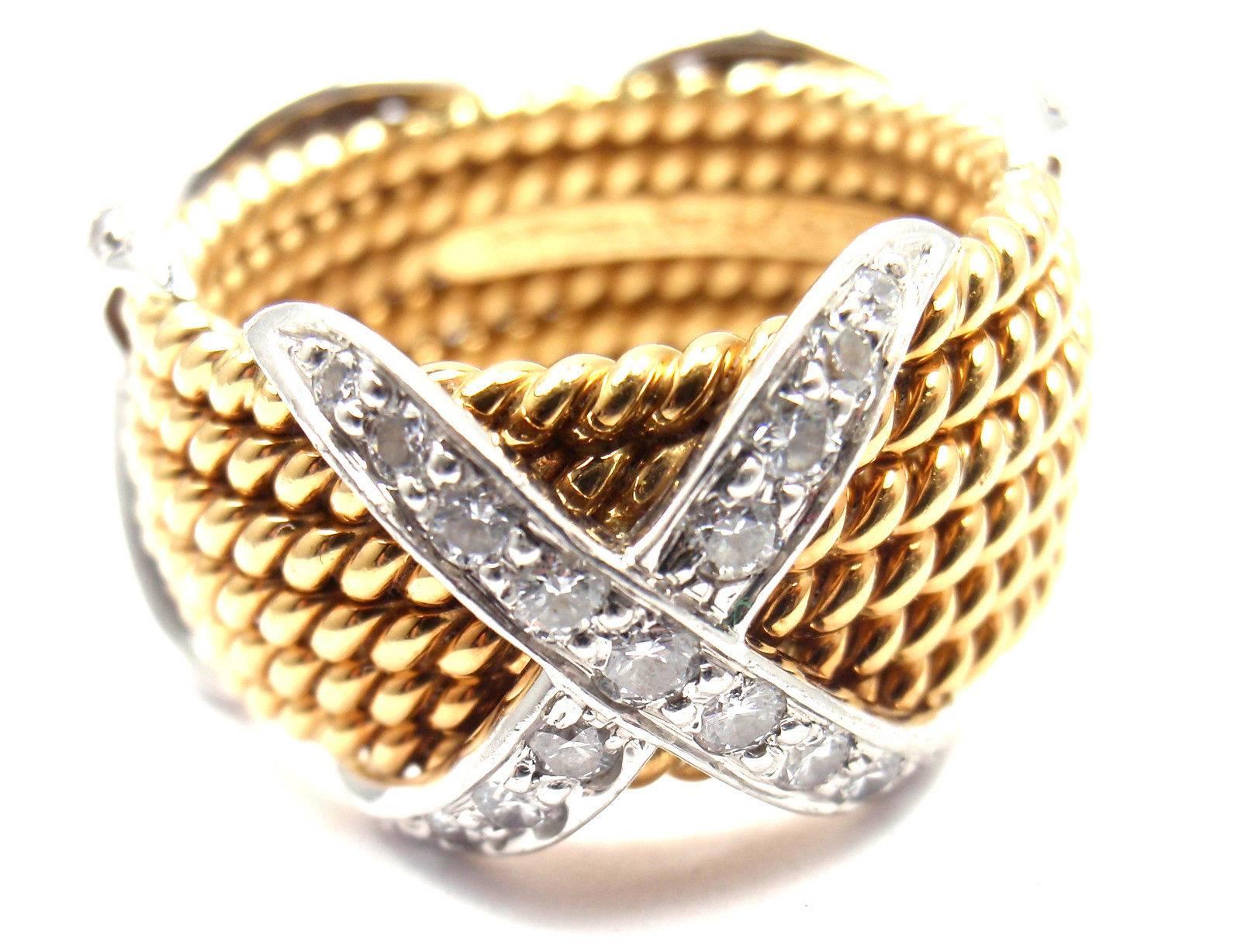 Tiffany & Co. Jean Schlumberger Diamond Six-Row Yellow Gold Platinum X Ring In New Condition In Holland, PA