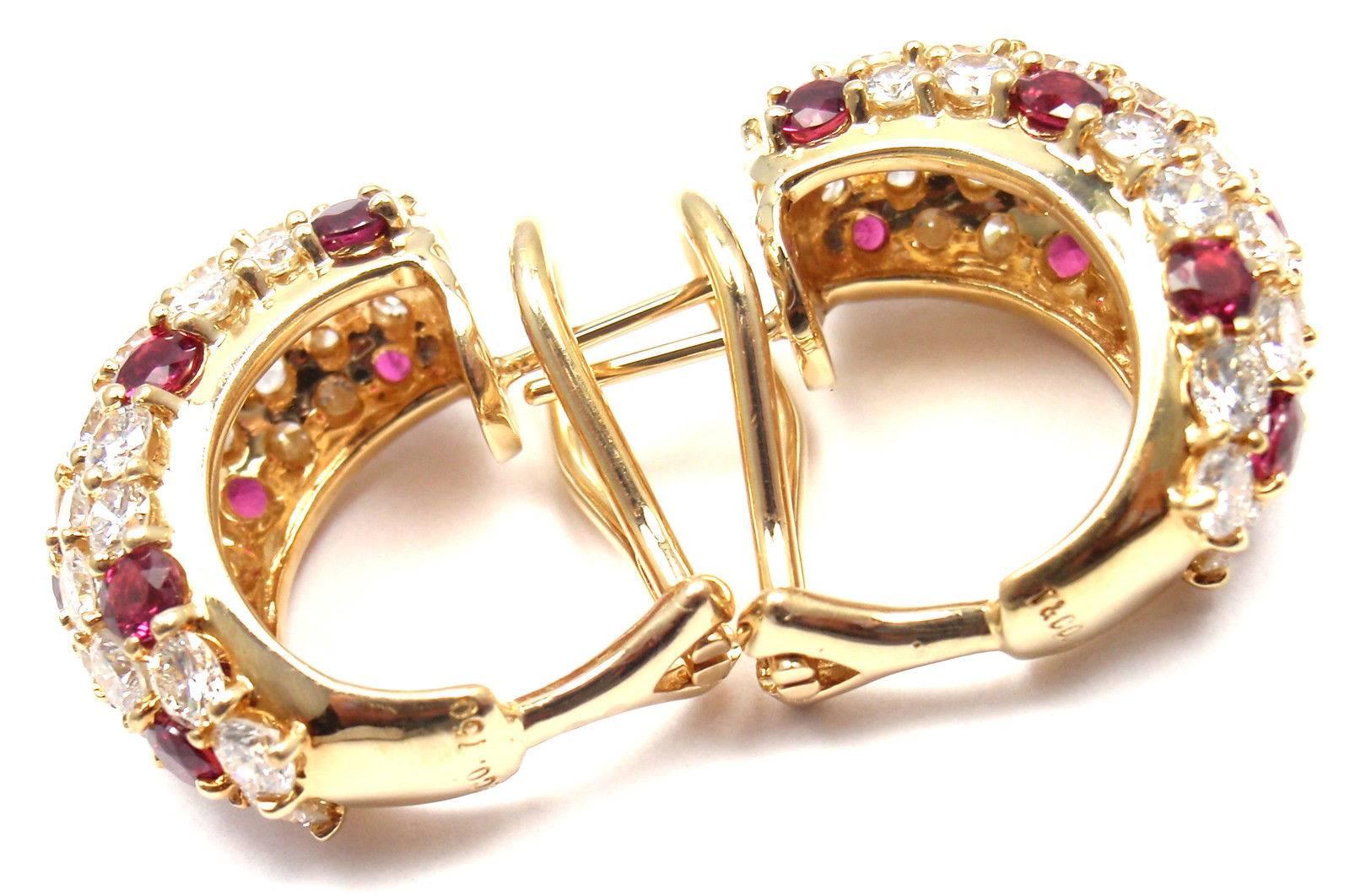Women's or Men's Tiffany & Co. Diamond Ruby Yellow Gold Hoop Earrings
