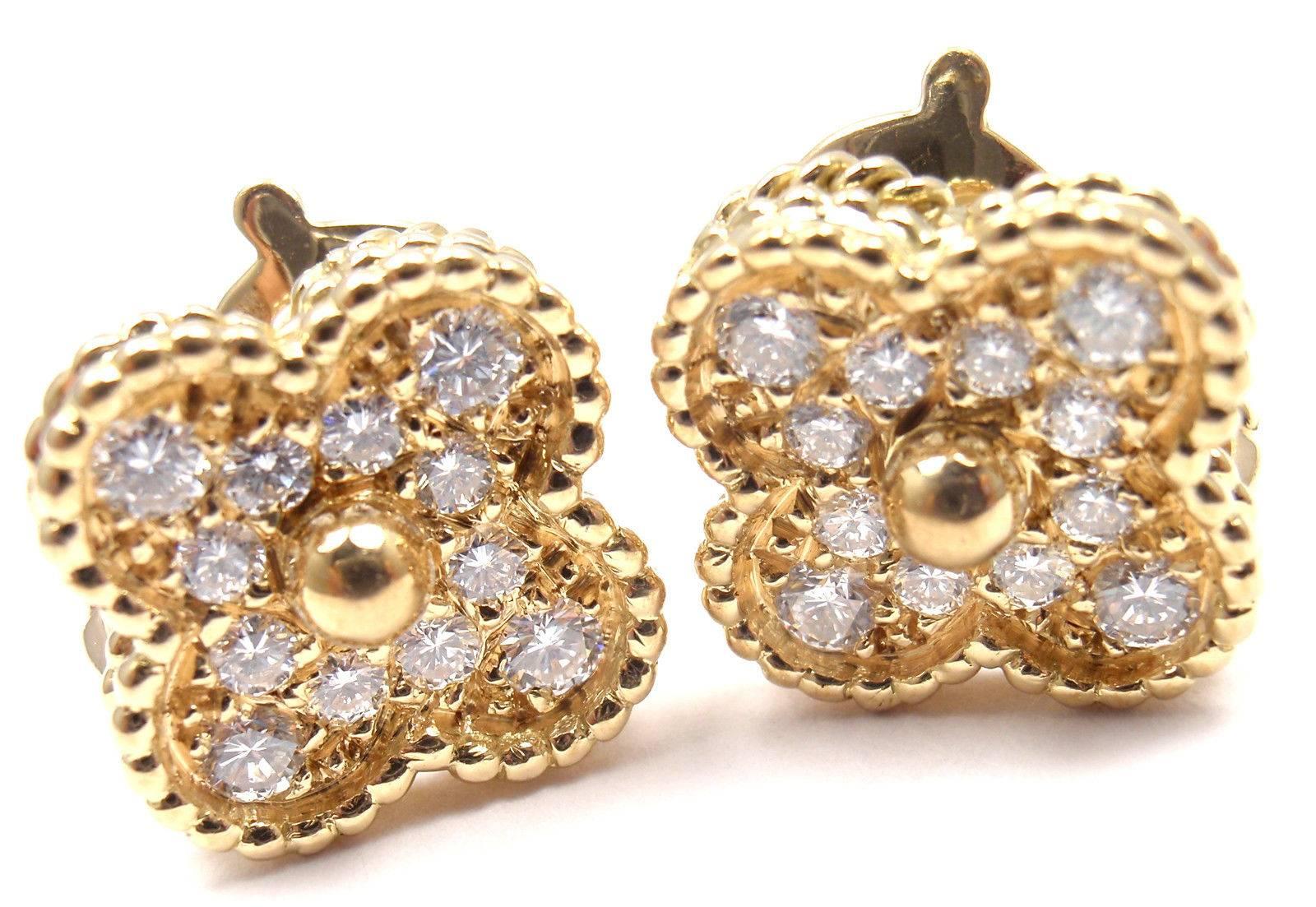 Women's or Men's Van Cleef & Arpels Diamond Vintage Alhambra Yellow Gold Earrings