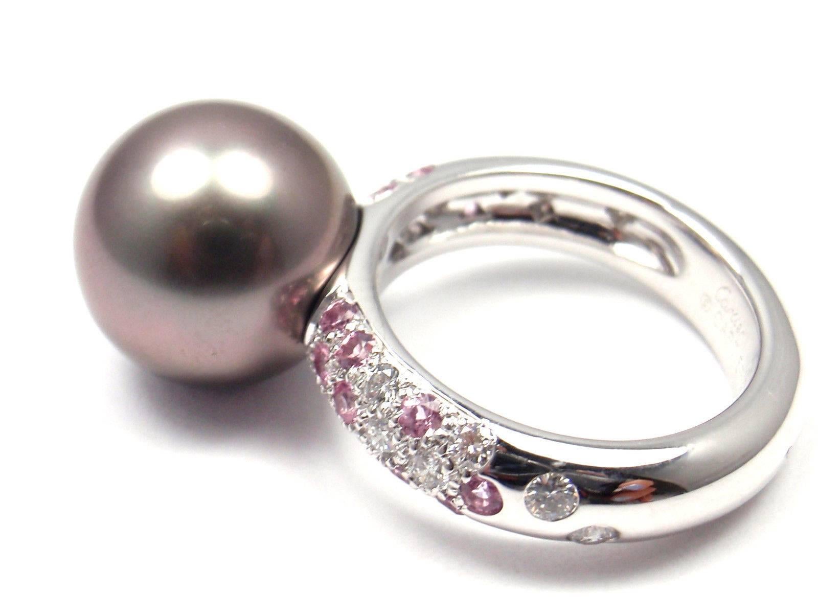 Cartier Tahitian Pearl Diamond and Pink Sapphire White Gold Ring For Sale 1