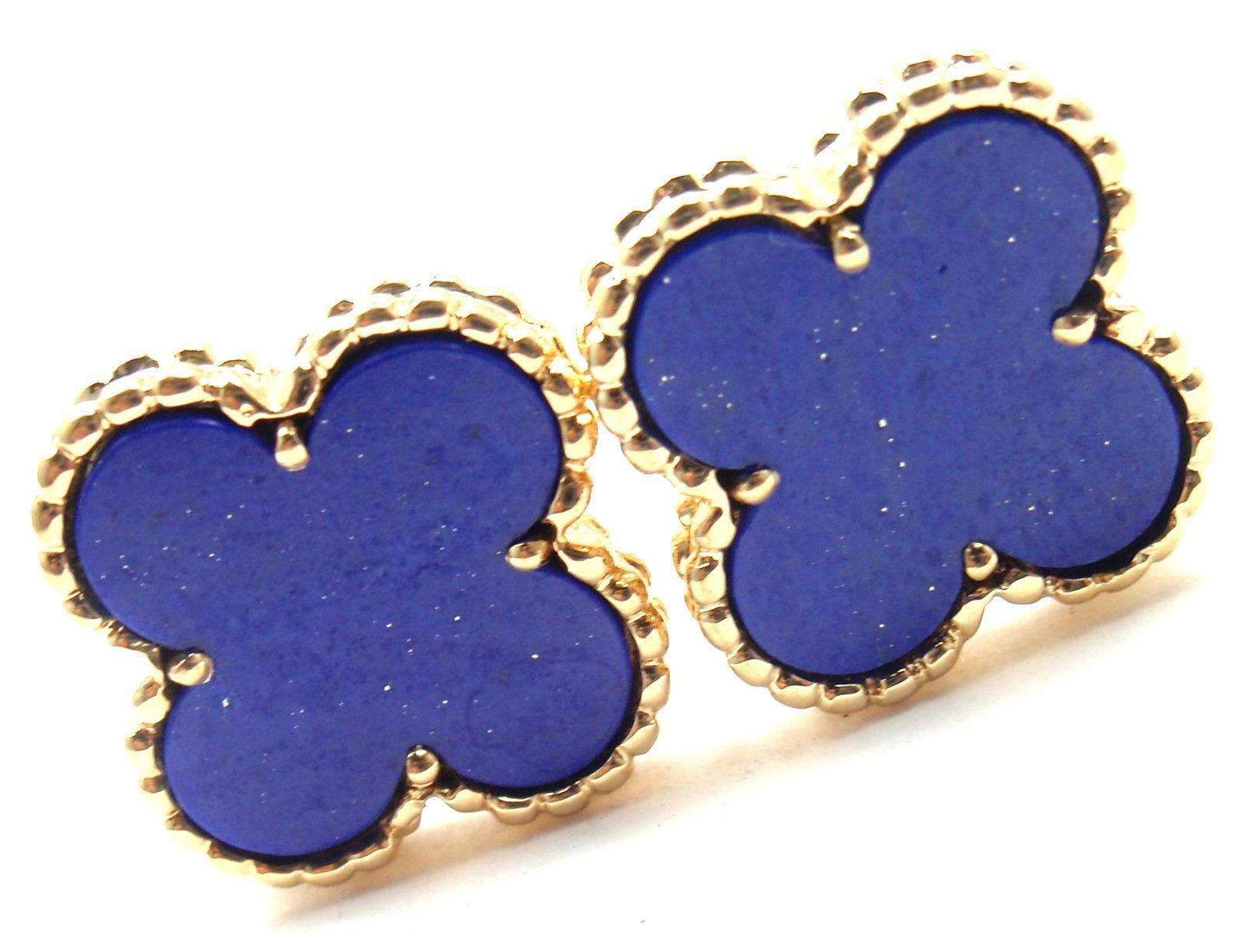 18k Yellow Gold Vintage Alhambra Lapis Lazuli Earrings by Van Cleef & Arpels.  
With 2 lapis lazuli alhambra shape stones: 15mm each. 
These earrings are for pierced ears.  
These earrings come with service paper from Japanese Van Cleef & Arpels