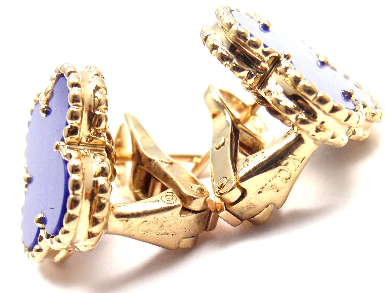 Women's or Men's Van Cleef & Arpels Vintage Lapis Lazuli Alhambra Yellow Gold Earrings