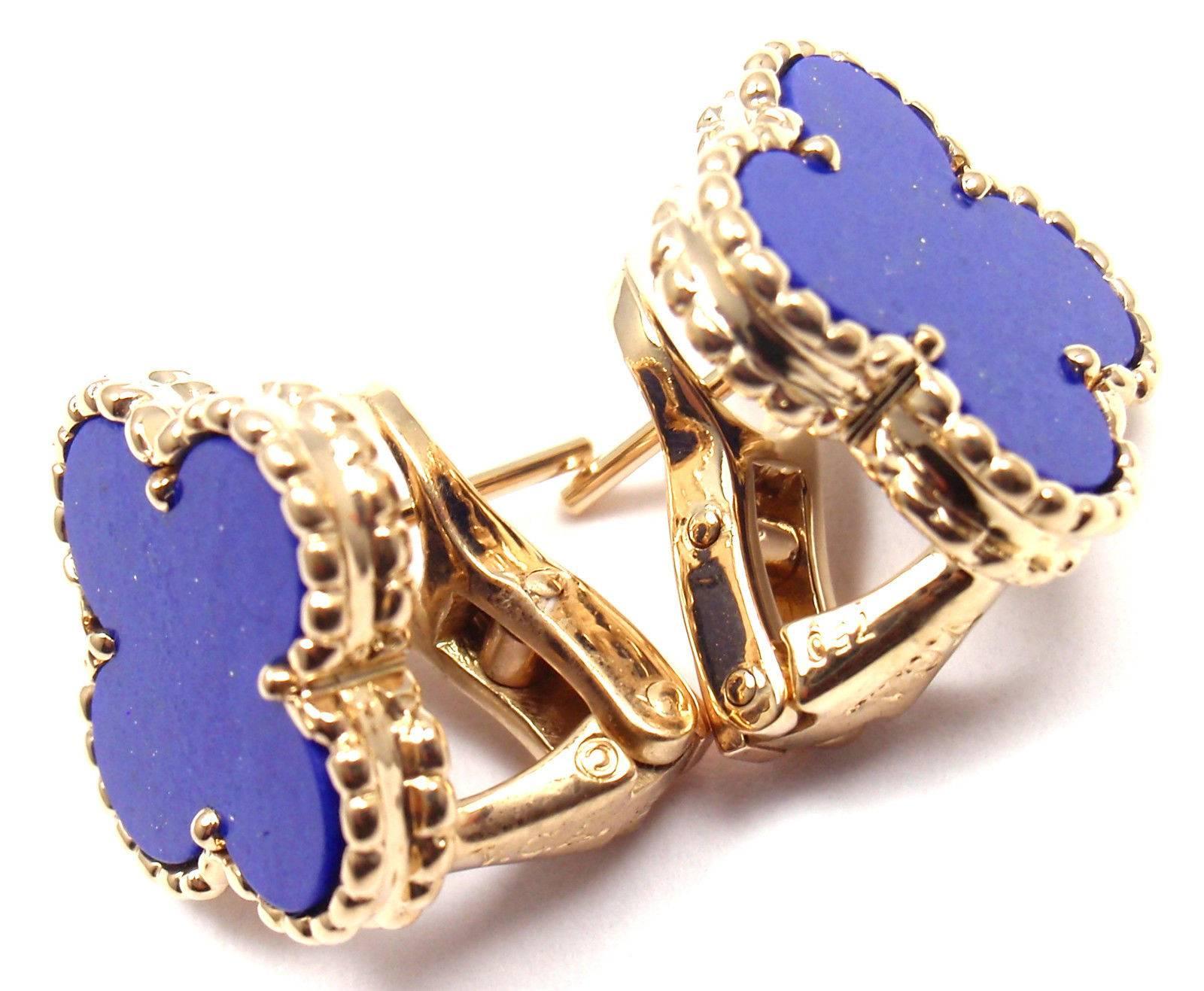 Van Cleef & Arpels Vintage Lapis Lazuli Alhambra Yellow Gold Earrings 2