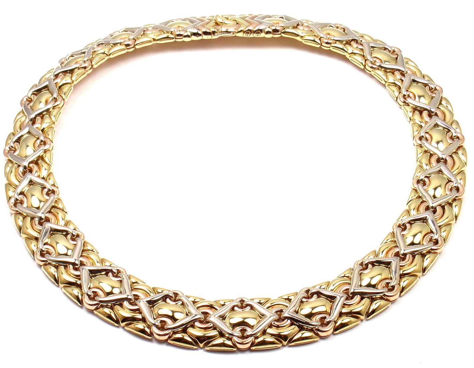 Bulgari Wide Tri-Color Gold Collar Necklace In New Condition In Holland, PA