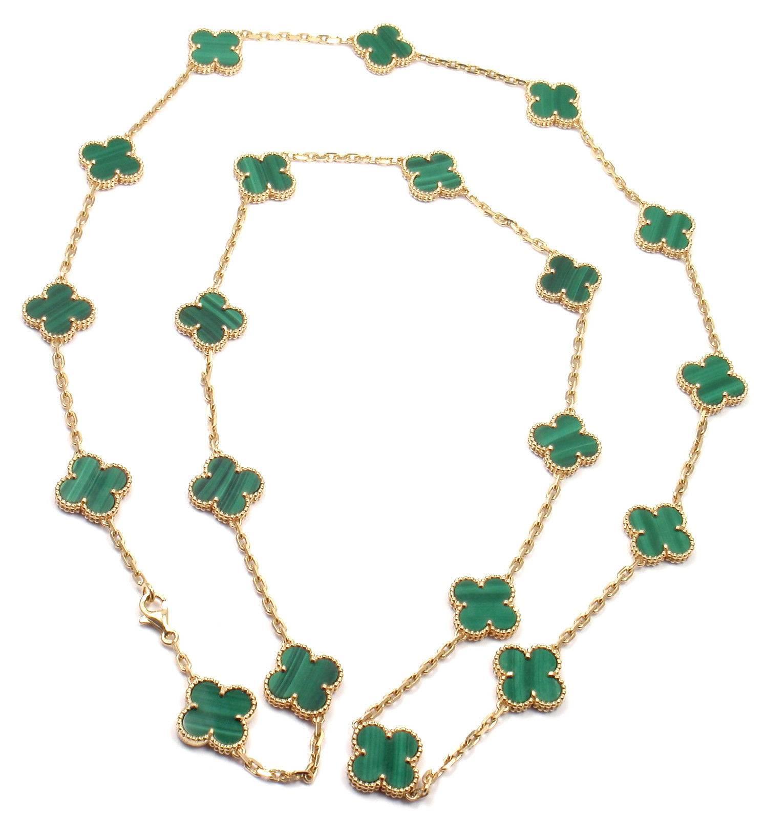 18k Yellow Gold Alhambra 20 Motifs Malachite Necklace by
Van Cleef & Arpels.
With 20 motifs of Malachite Alhambra stones 15mm each

Details:
Length: 33.5