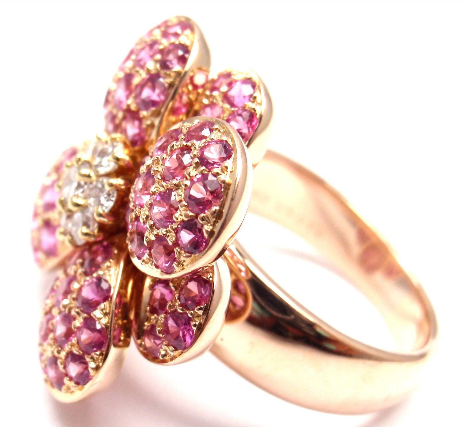 Van Cleef & Arpels Pink Sapphire Diamond Flower Rose Gold Ring 1