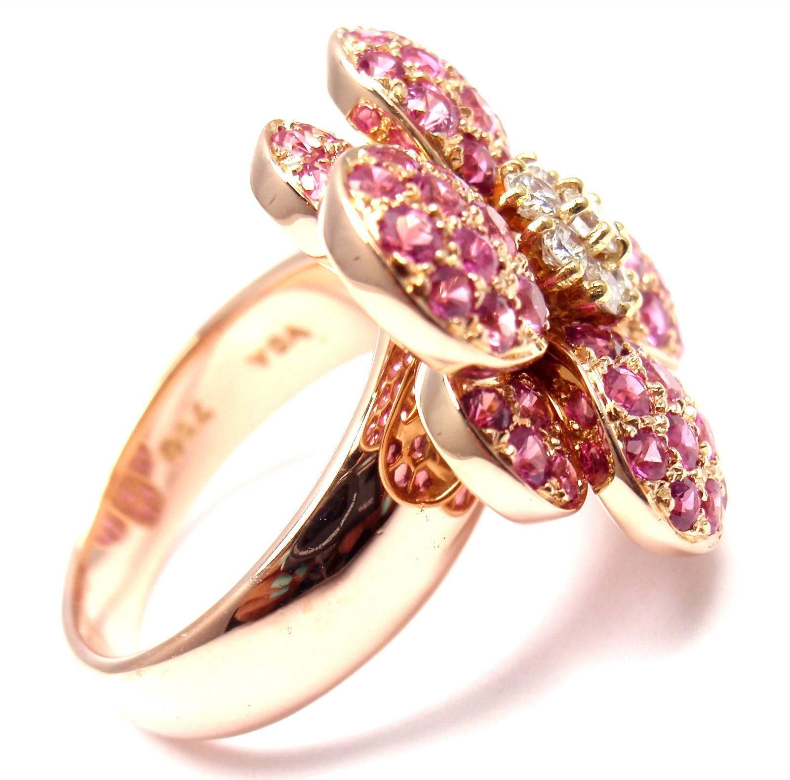 Van Cleef & Arpels Pink Sapphire Diamond Flower Rose Gold Ring 6