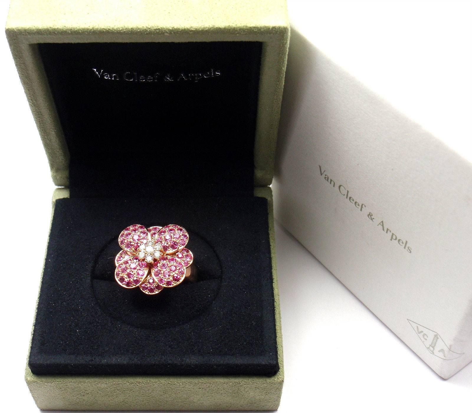 Van Cleef & Arpels Pink Sapphire Diamond Flower Rose Gold Ring 2