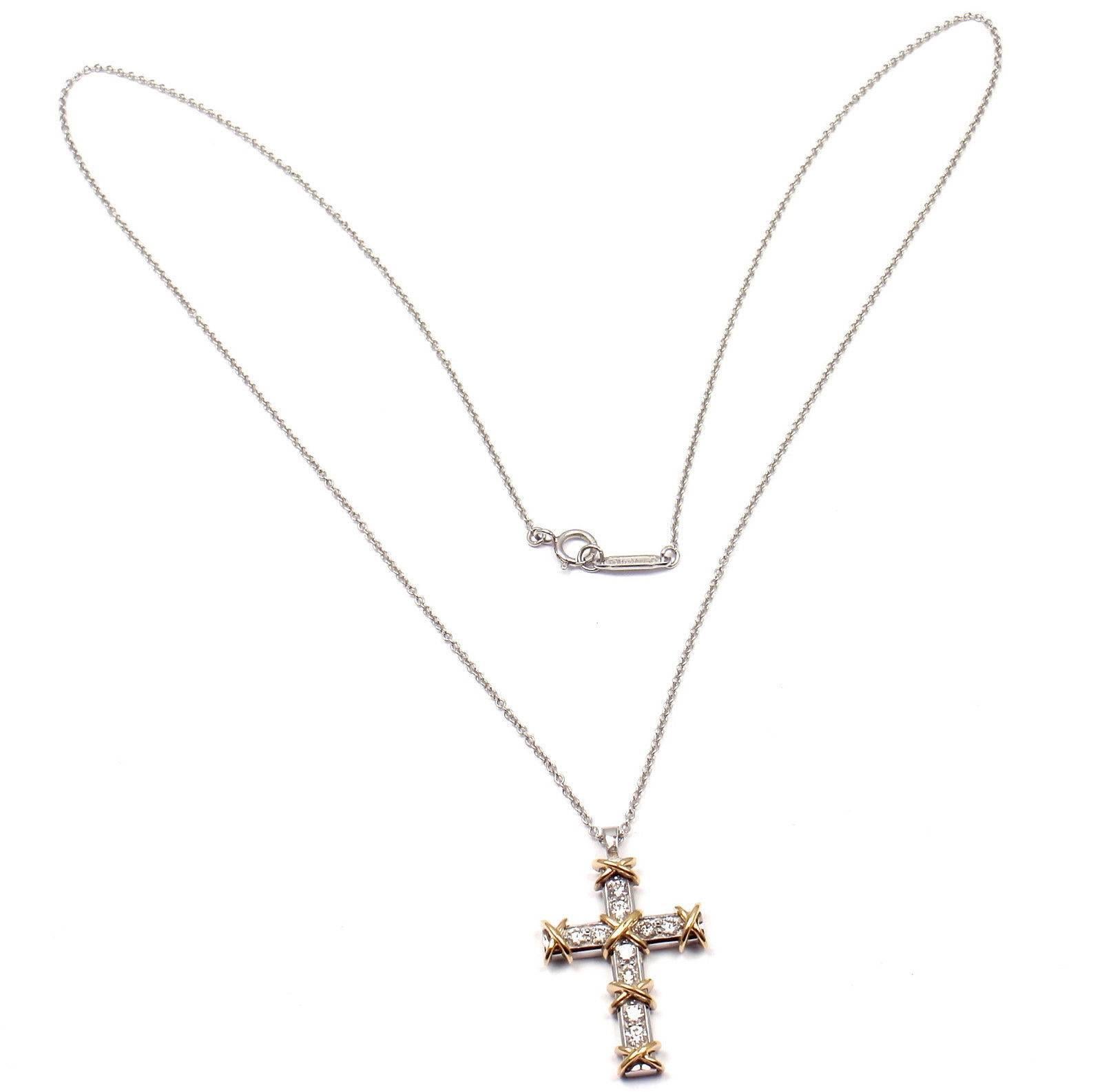 Tiffany & Co. Jean Schlumberger Diamond Cross Platinum Gold Pendant Necklace In New Condition In Holland, PA