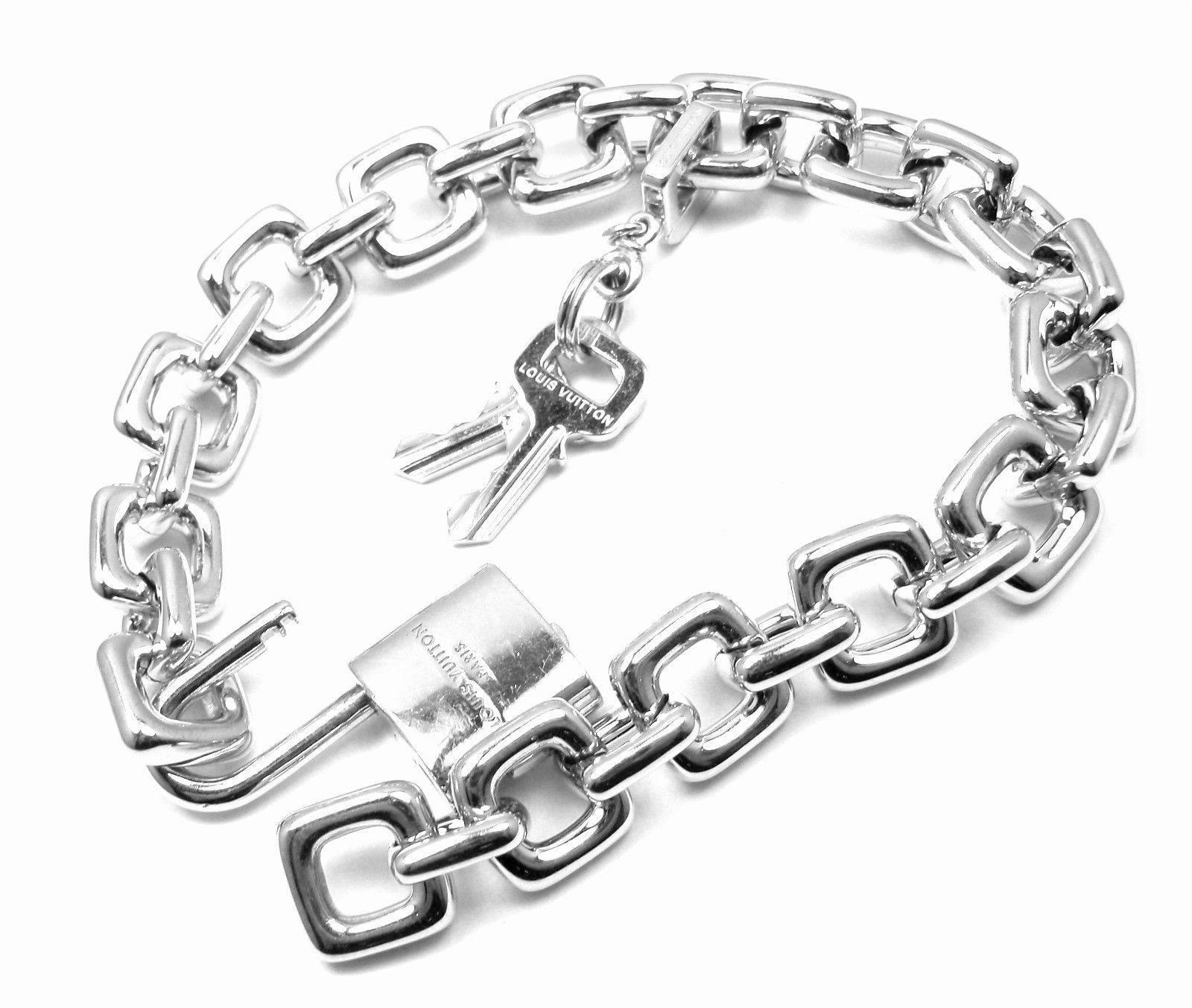 Women's or Men's Louis Vuitton Padlock and Keys Charm Large Link White Gold Bracelet