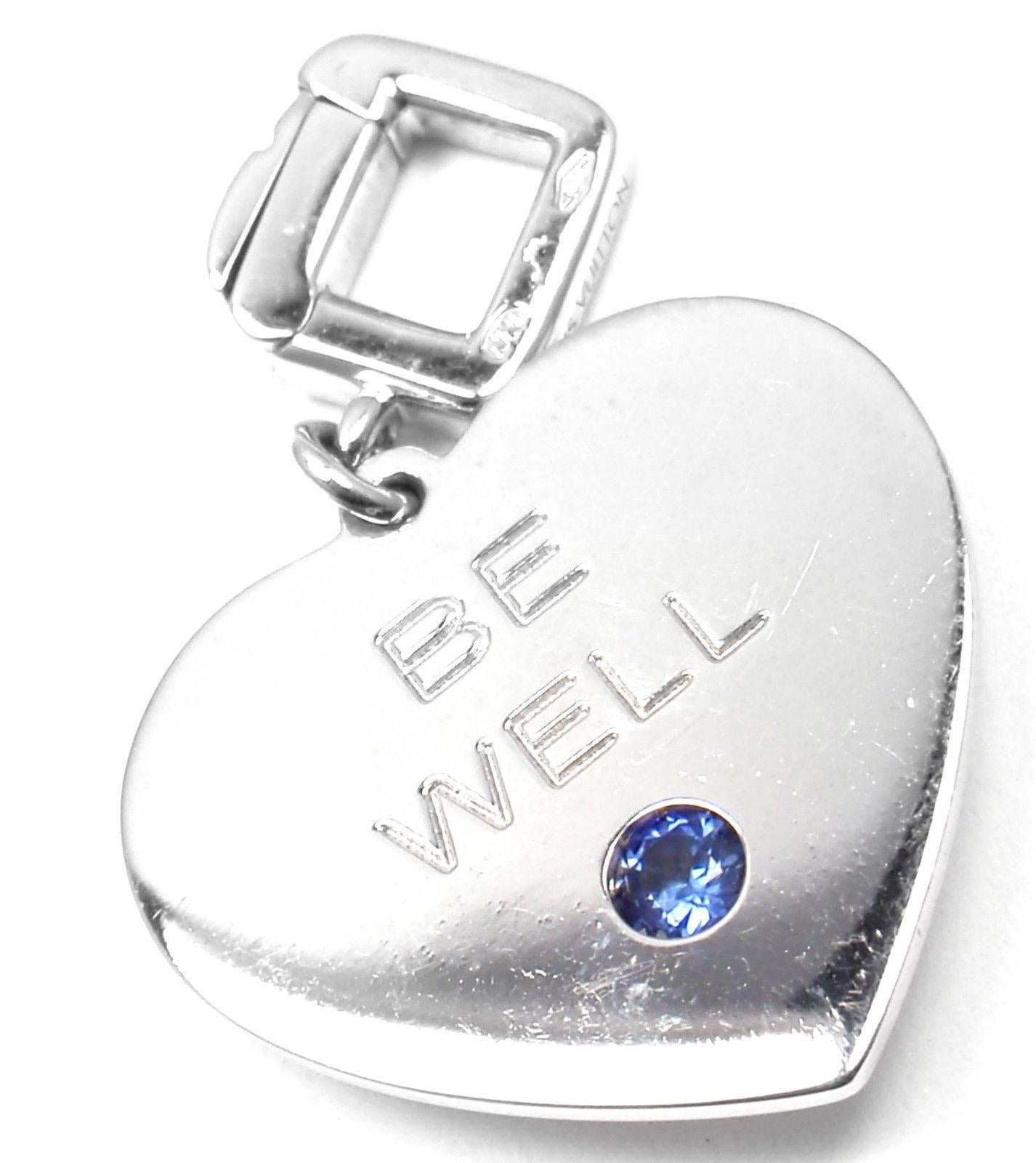 18k White Gold Enamel Sapphire Be Well Charm Pendant by Louis Vuitton. 
With 1 round sapphire 3mm

Details: 
Measurements: 1.15" x .85 inches"
Weight: 10.3 grams
Stamped Hallmarks: 750 Louis Vuitton LV French Hallmarks
*Free Shipping